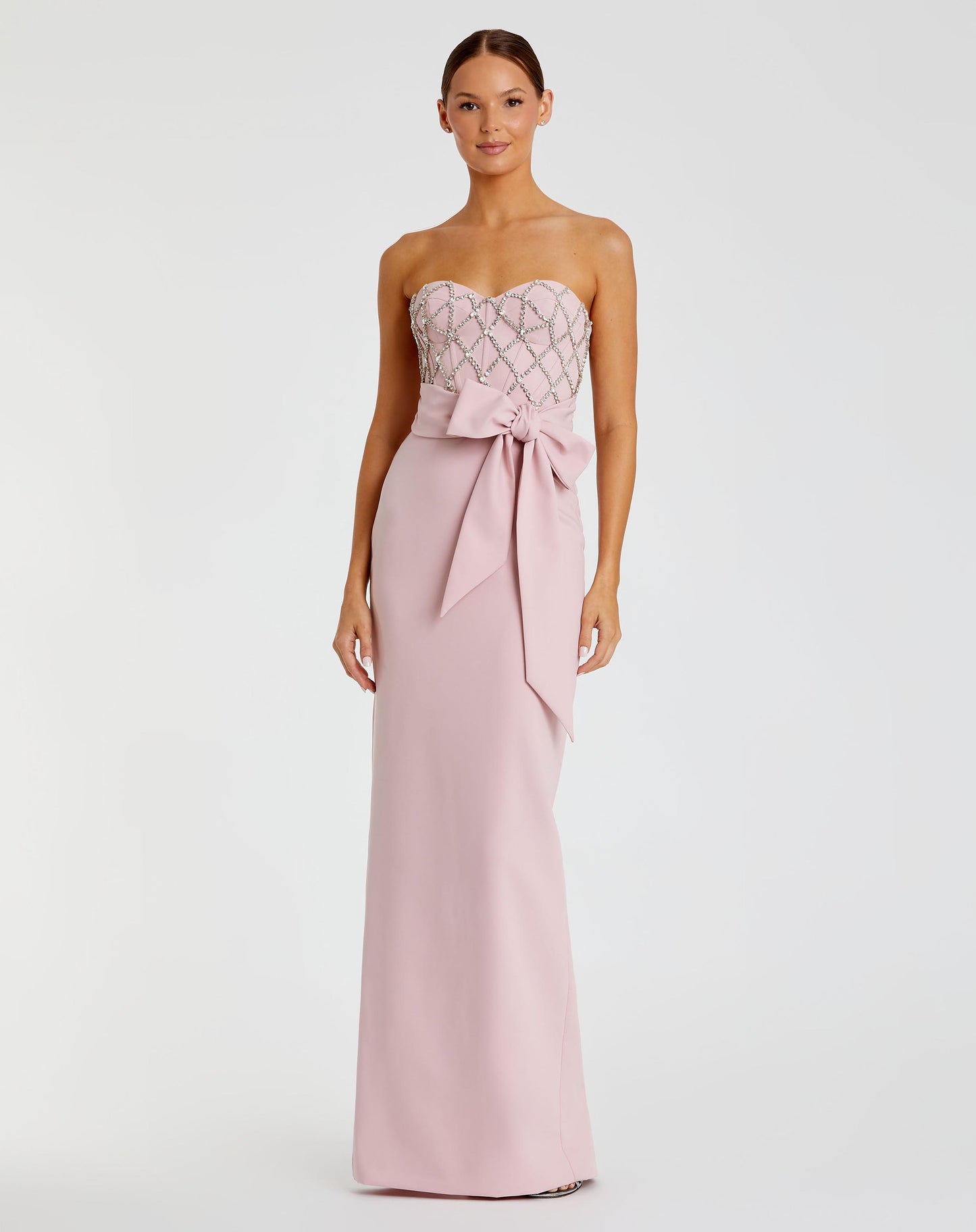 Pink Strapless Crepe Embellished Bustier Gown With Bow