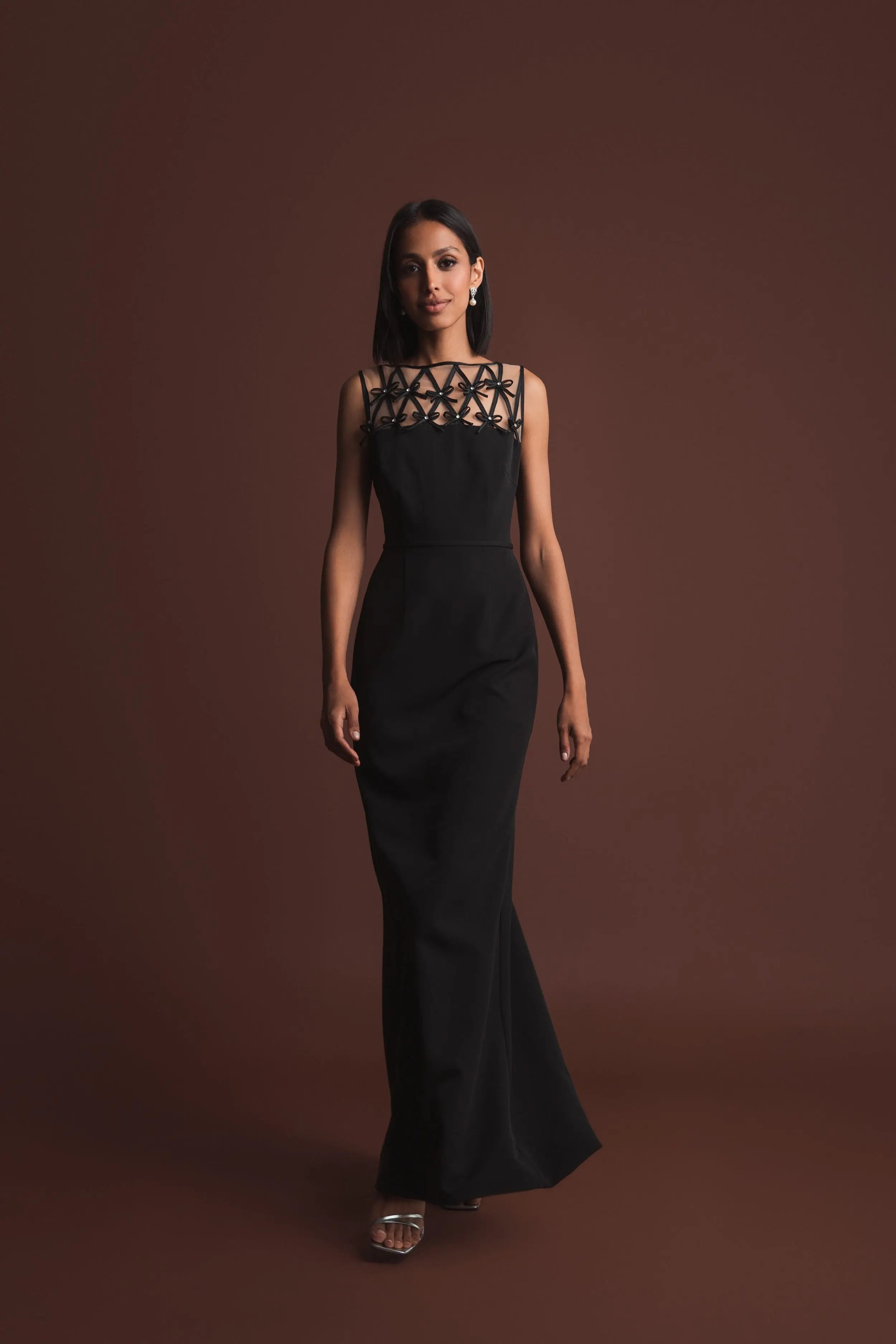 Black Sleeveless Crepe Gown With Embellished Bows Ieena for Mac Duggal