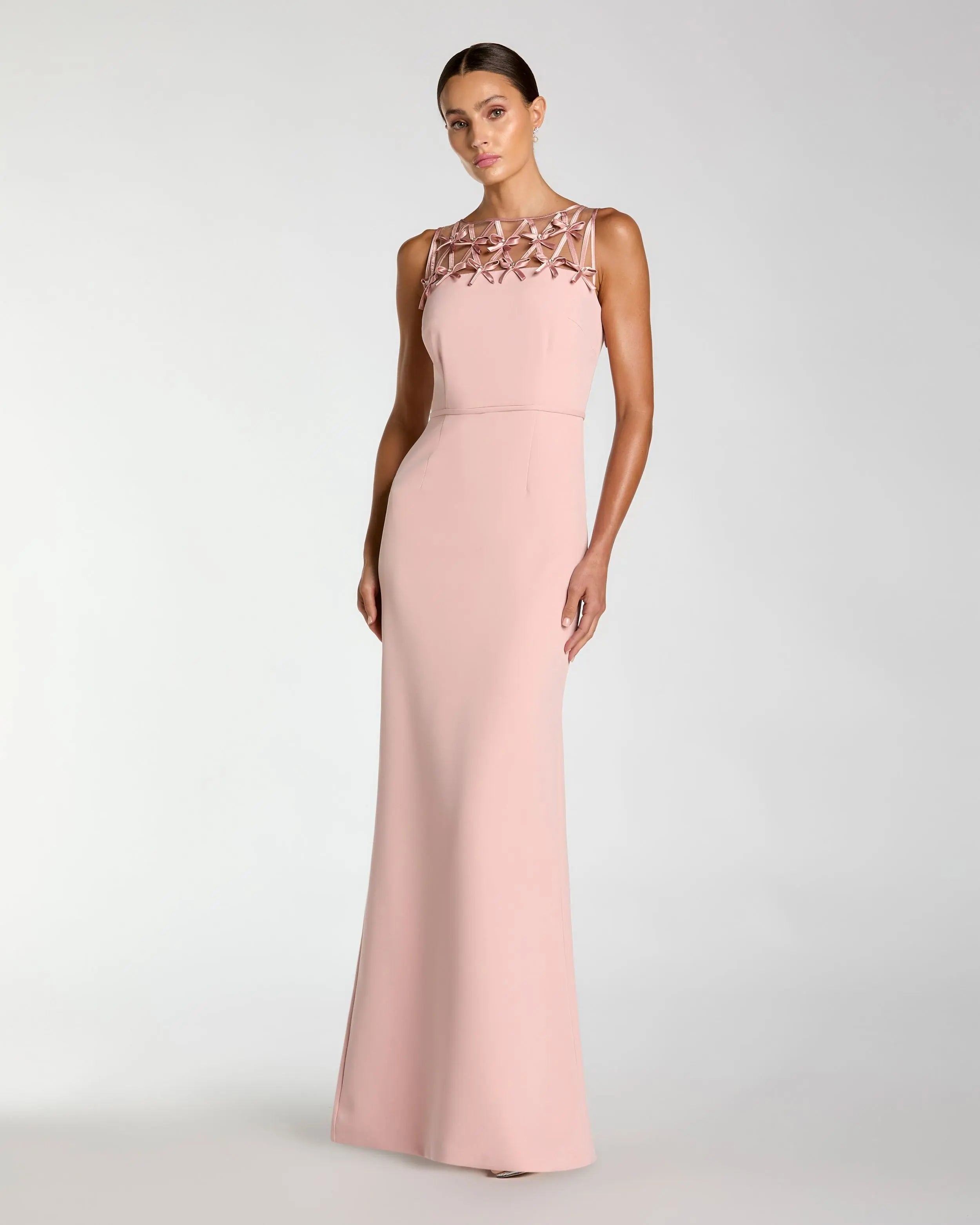 Pink Sleeveless Crepe Gown With Embellished Bows Ieena for Mac Duggal