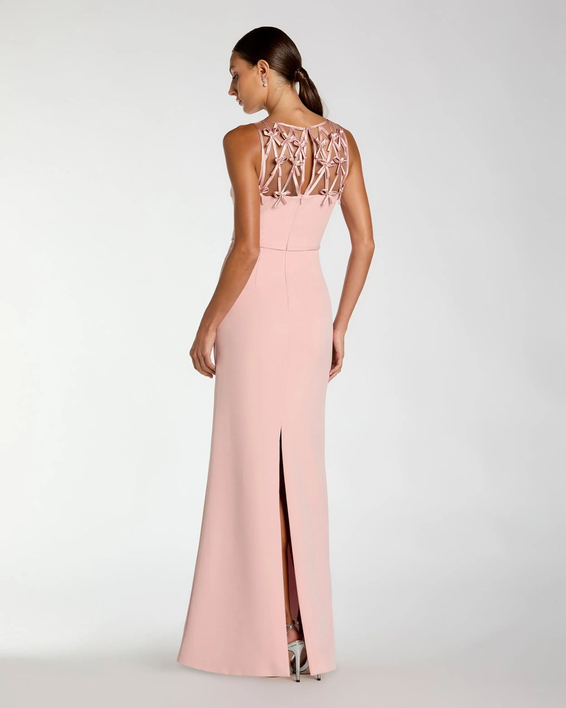 Pink Sleeveless Crepe Gown With Embellished Bows Ieena for Mac Duggal
