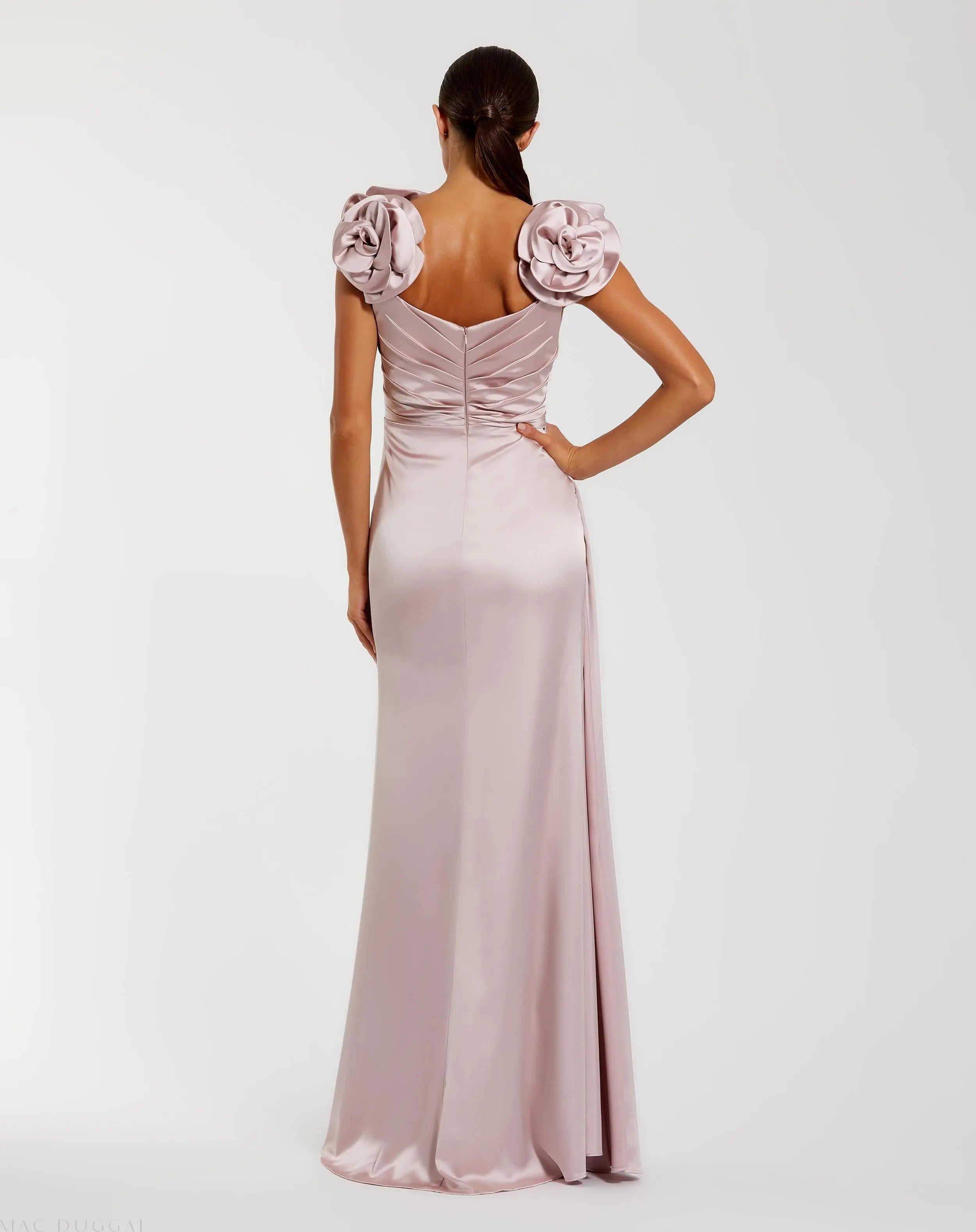 Pink Satin Faux Wrap Gown With 3D Flower Straps - Ieena for Mac Duggal