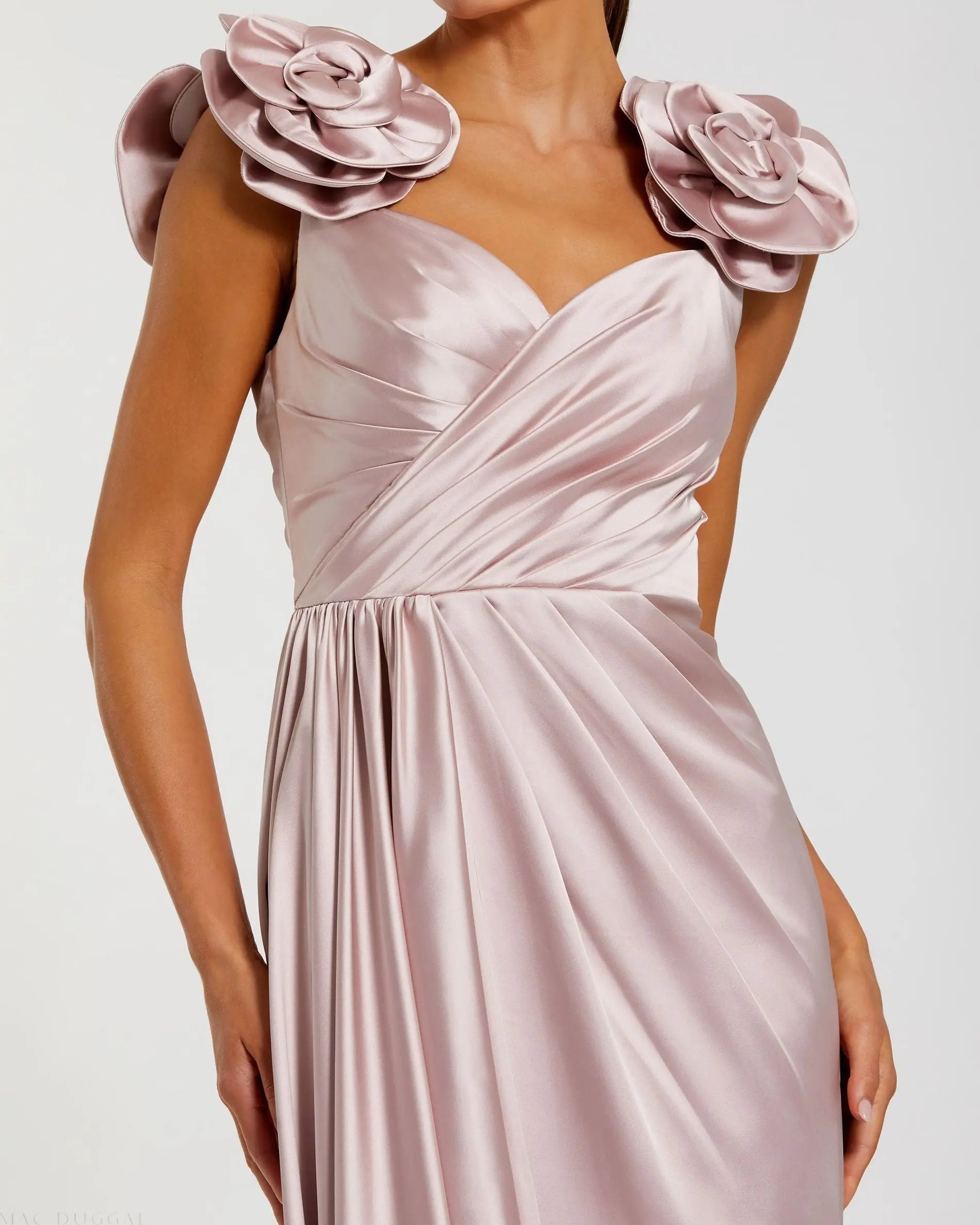 Pink Faux Wrap Satin Gown With 3D Flower Straps | Mac Duggal Pink Faux Wrap Satin Gown With 3D Flower Straps | Mac Duggal