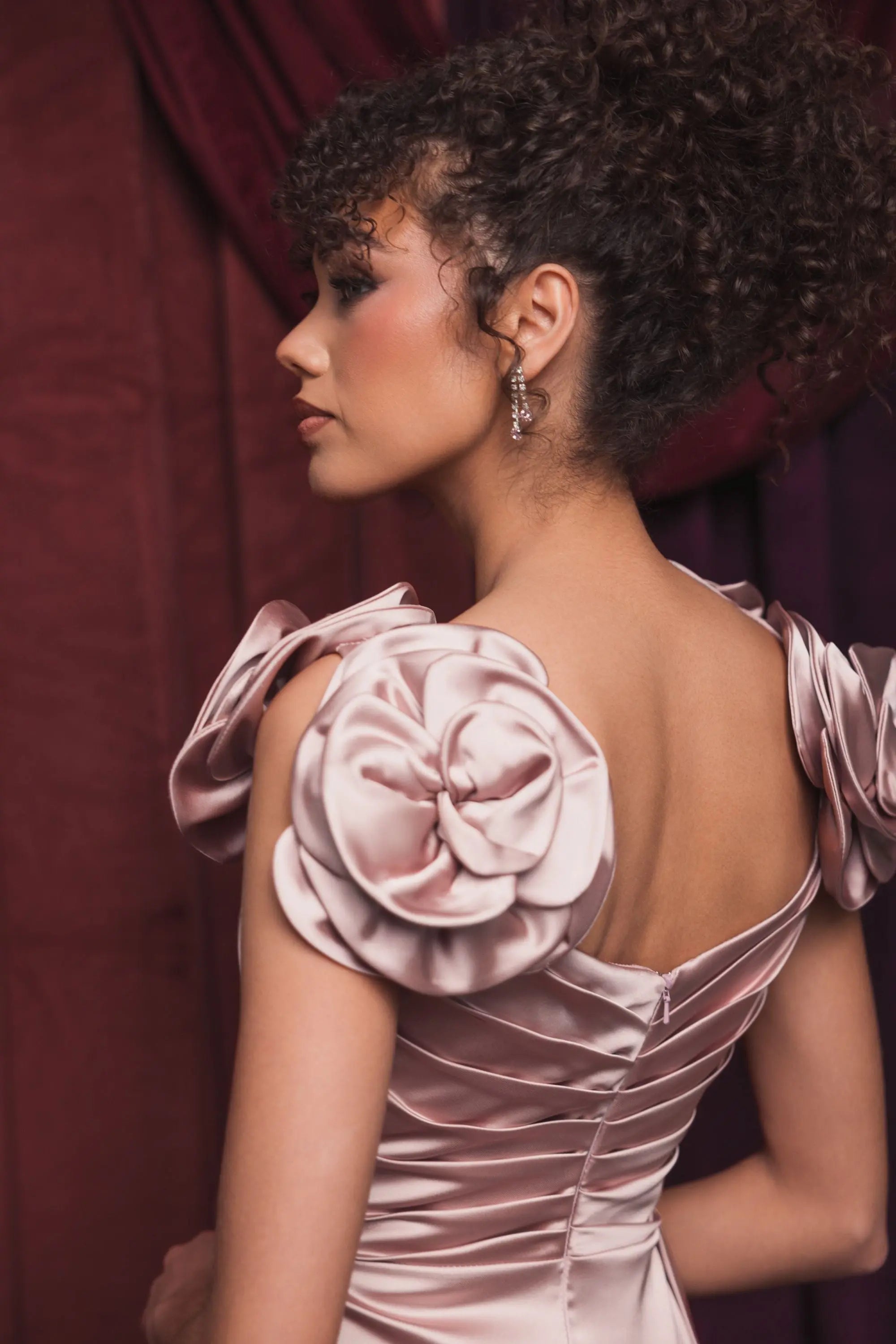 Pink Satin Faux Wrap Gown With 3D Flower Straps - Ieena for Mac Duggal