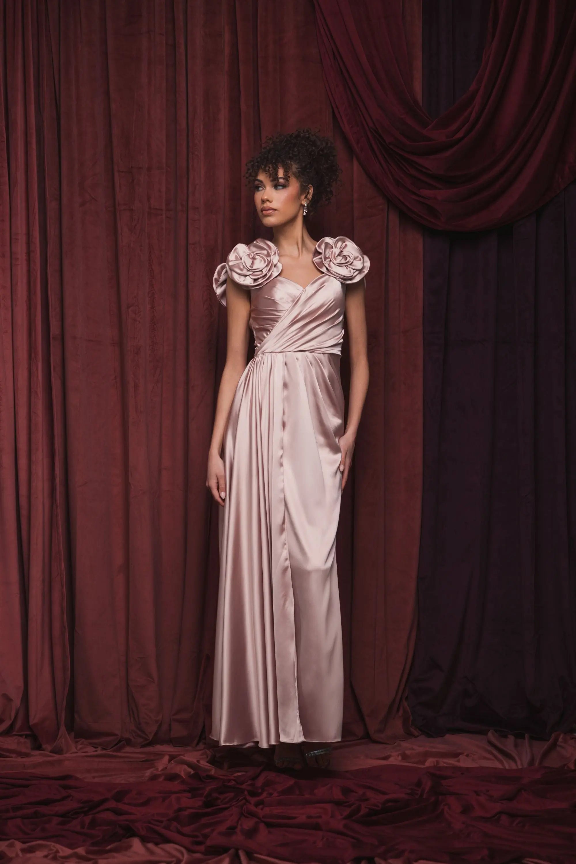 Pink Satin Faux Wrap Gown With 3D Flower Straps - Ieena for Mac Duggal