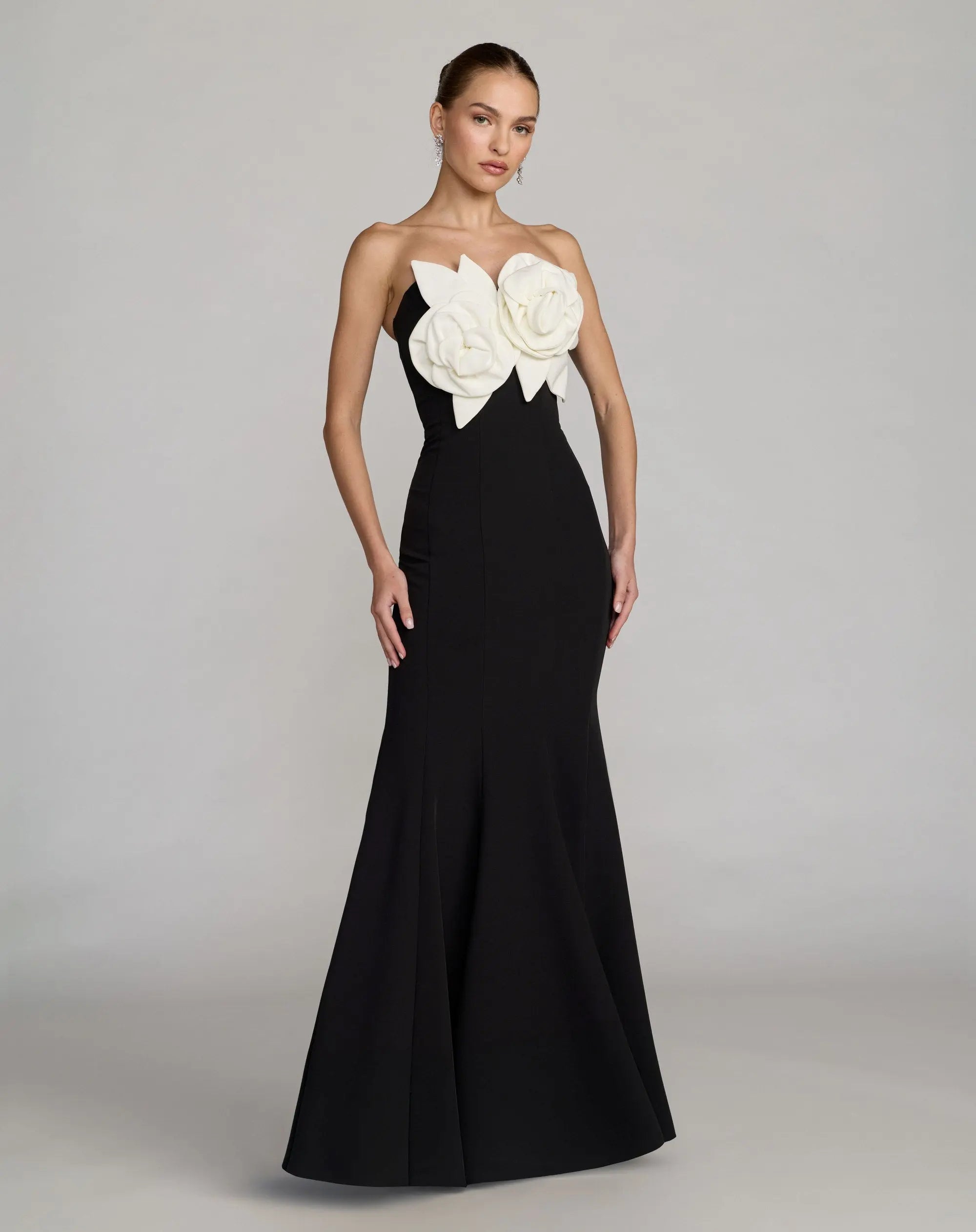 Black Strapless Crepe Mermaid Gown With 3D Flowers - Ieena for Mac Duggal