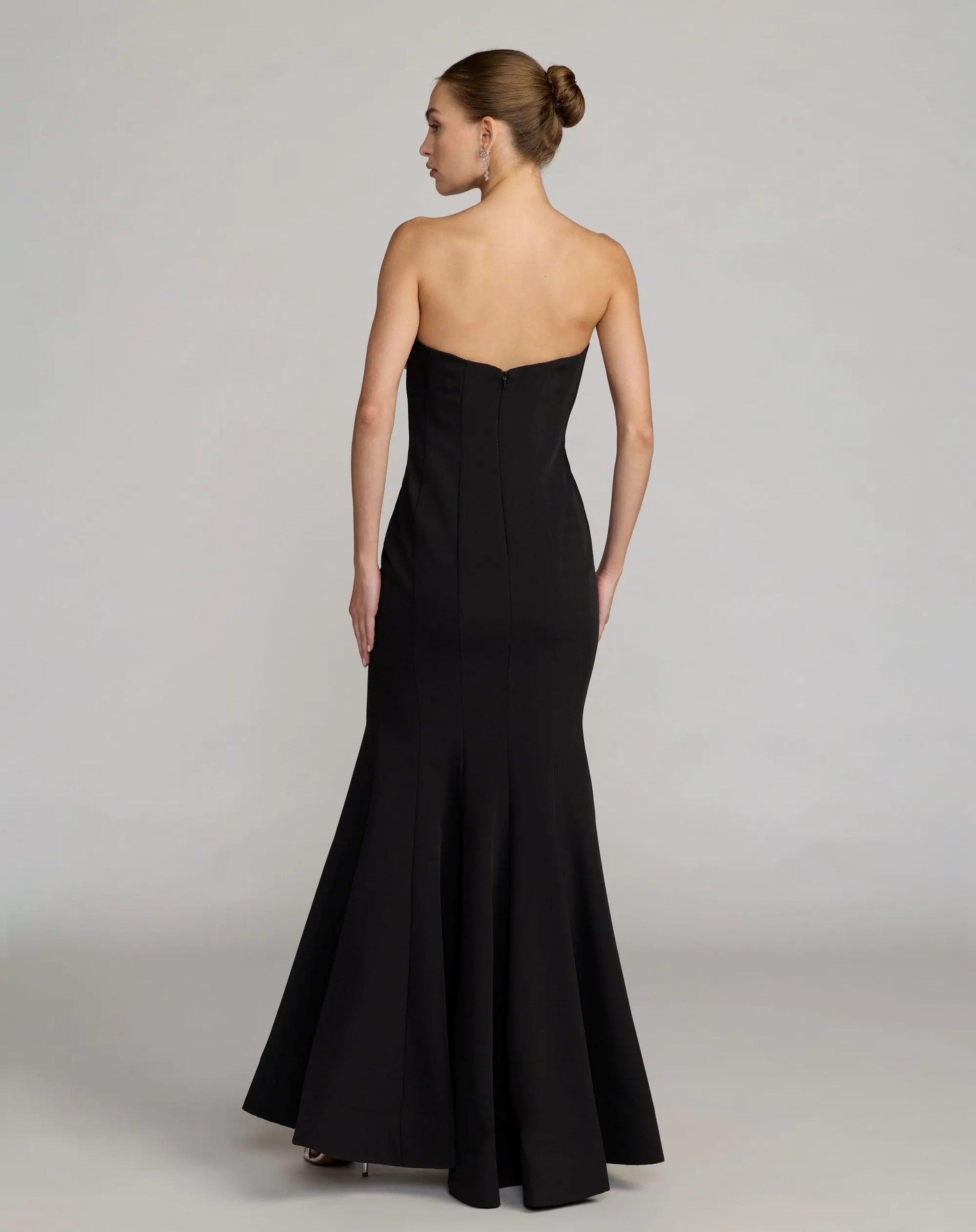 black strapless crepe ankle dress with 3d satin flowers Elegant Mood Black 3D Floral Applique Strapless Maxi Dress