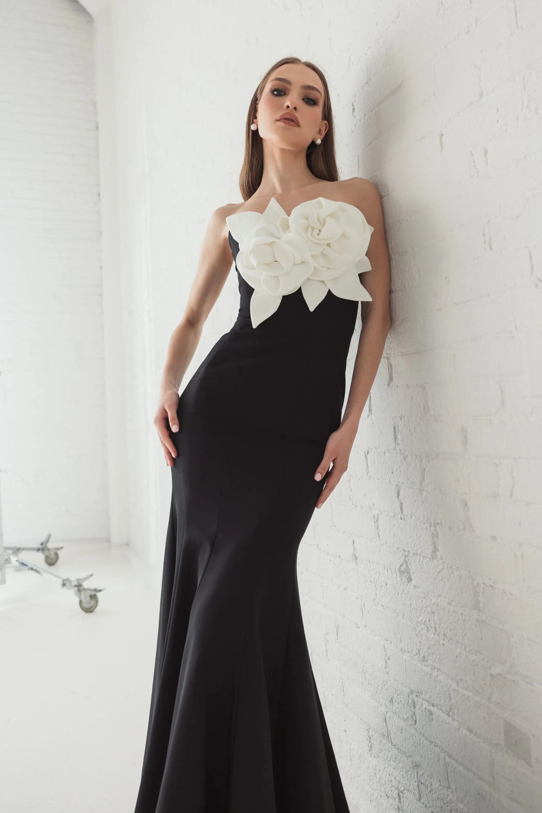 Black Strapless Crepe Mermaid Gown With 3D Flowers - Ieena for Mac Duggal