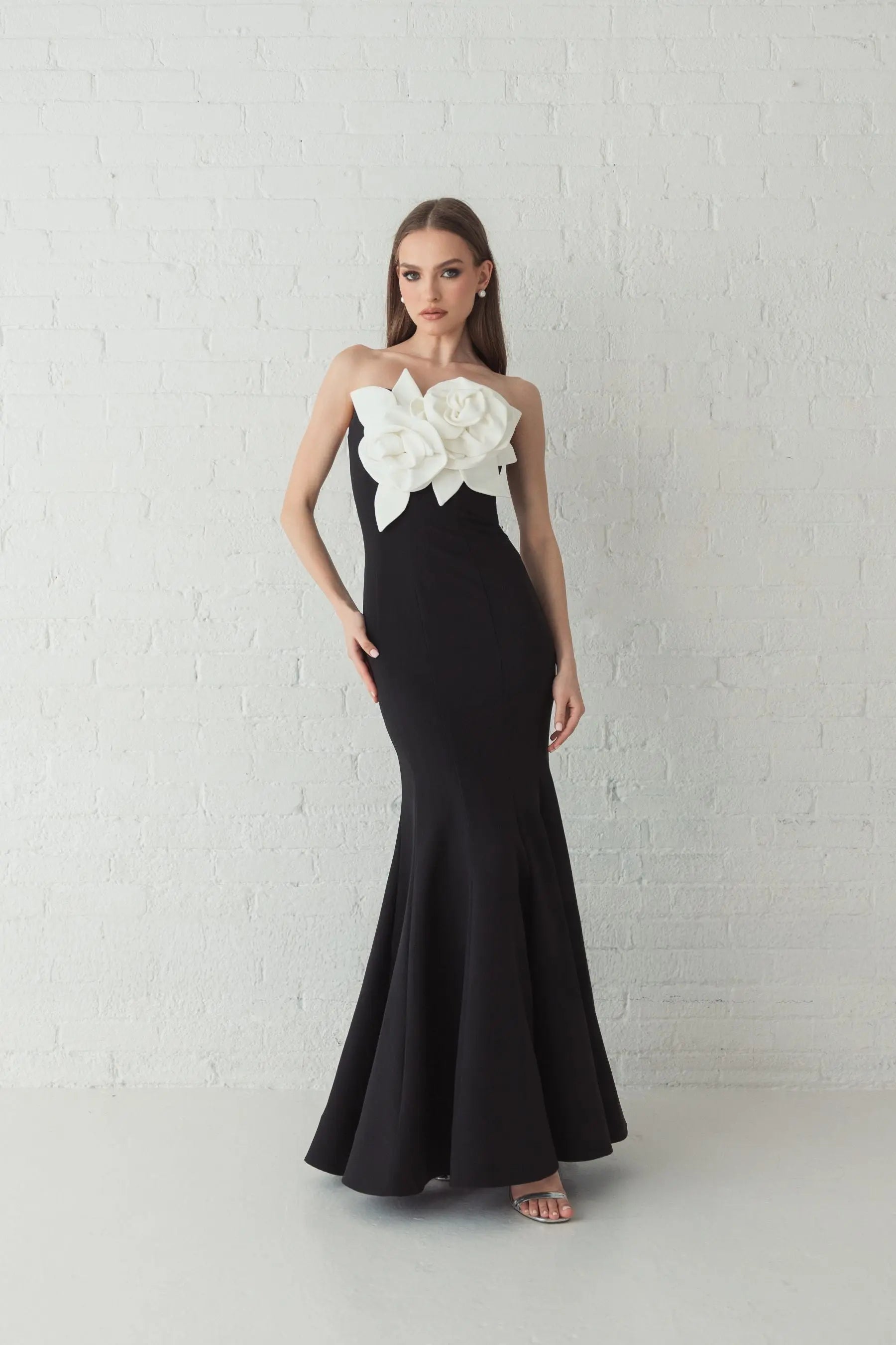 Black Strapless Crepe Mermaid Gown With 3D Flowers - Ieena for Mac Duggal