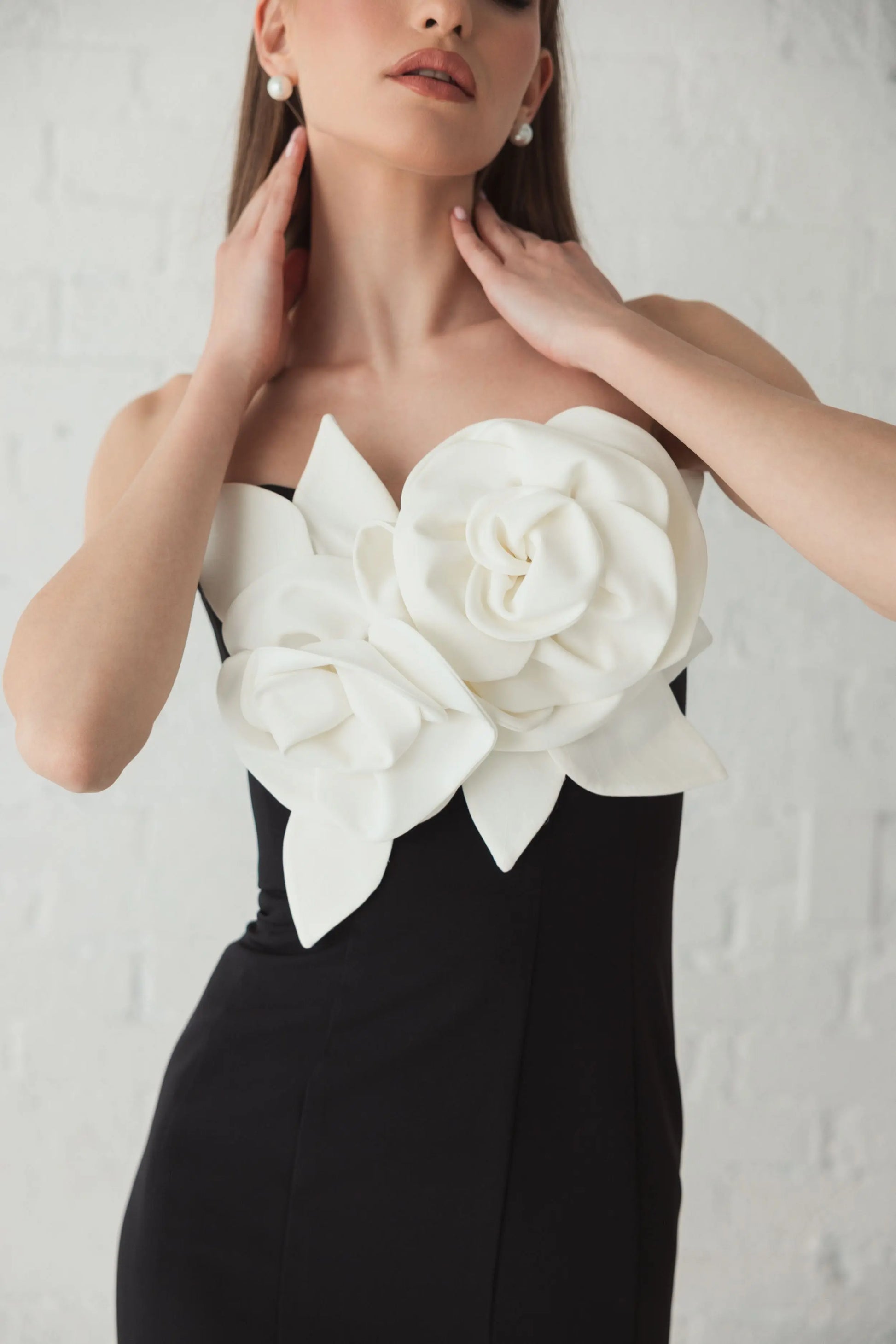 black strapless crepe ankle dress with 3d satin flowers Black Strapless Crepe Dress With 3D Satin Flowers