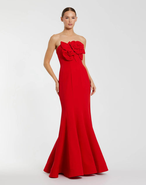 Red Crepe Strapless Mermaid Gown With 3D Flowers - Ieena for Mac Duggal
