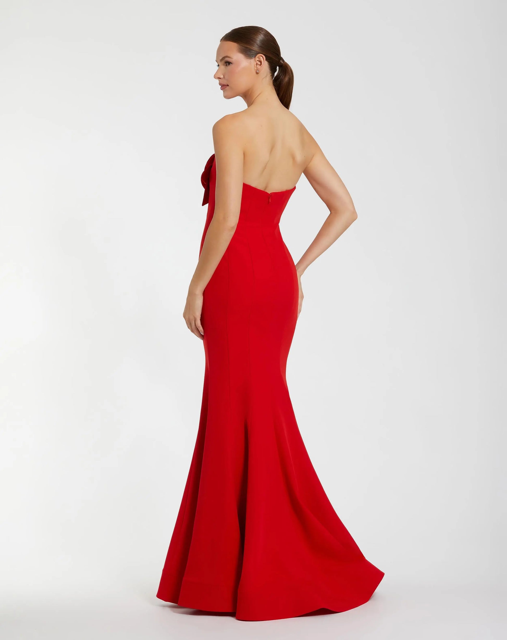 Red Crepe Strapless Mermaid Gown With 3D Flowers | Mac Duggal Red Crepe Strapless Mermaid Gown With 3D Flowers | Mac Duggal