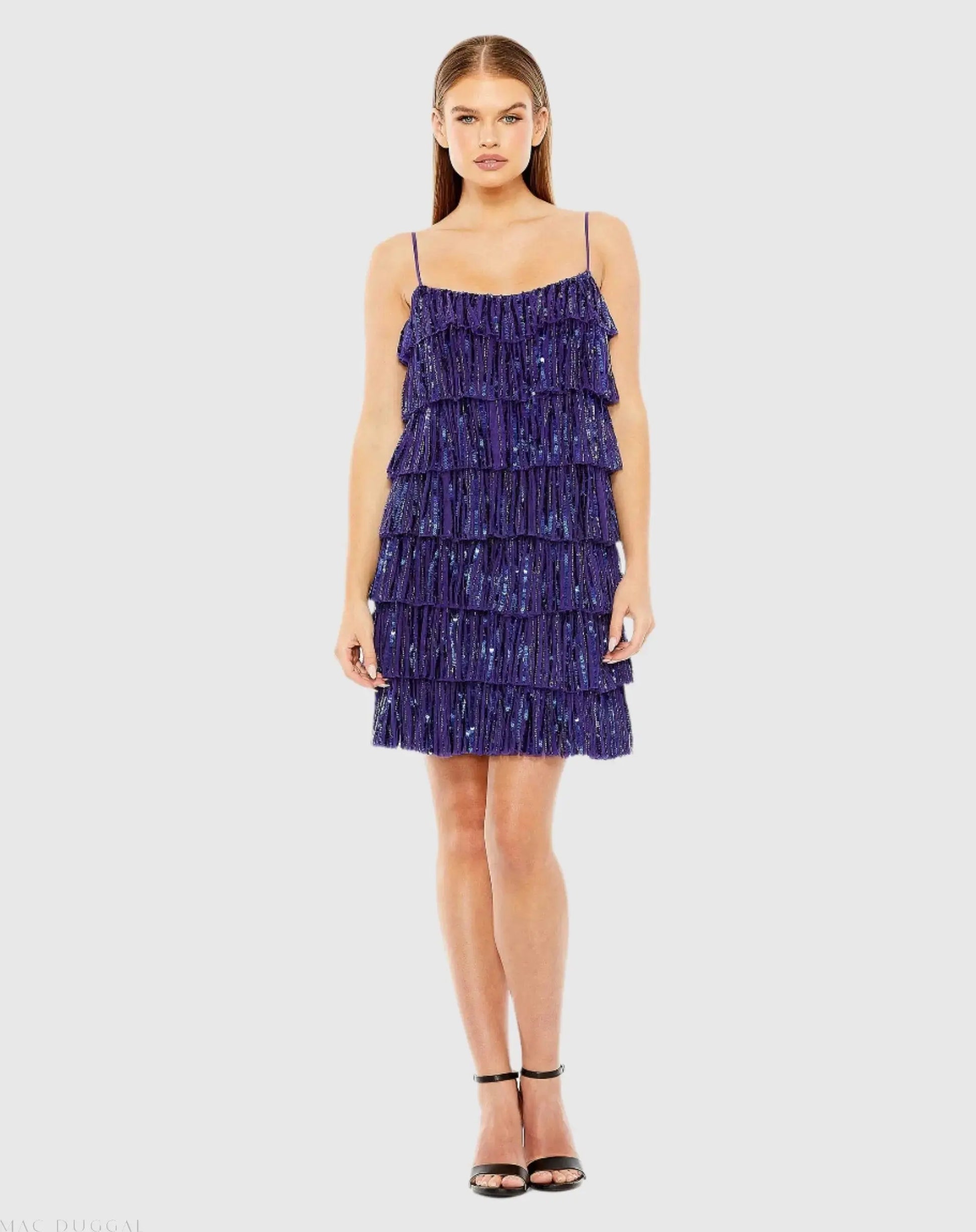Blue Beaded Strap Sequin Ruffle Mini Dress - Mac Duggal Blue Beaded Strap Sequin Ruffle Mini Dress - Mac Duggal