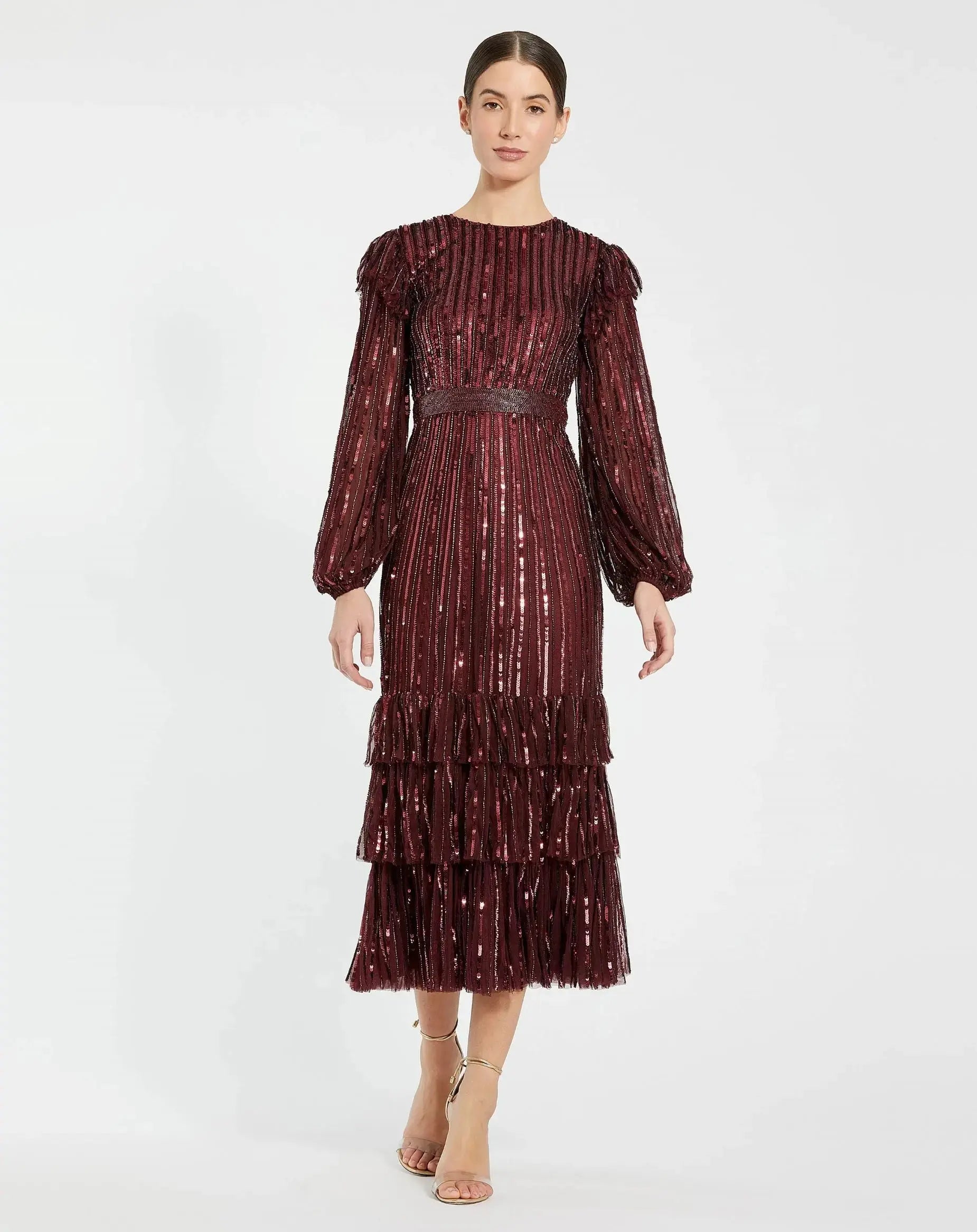 Long Sleeve Ruffle Detail Sequin Dress - Mac Duggal Long Sleeve Ruffle Detail Sequin Dress - Mac Duggal
