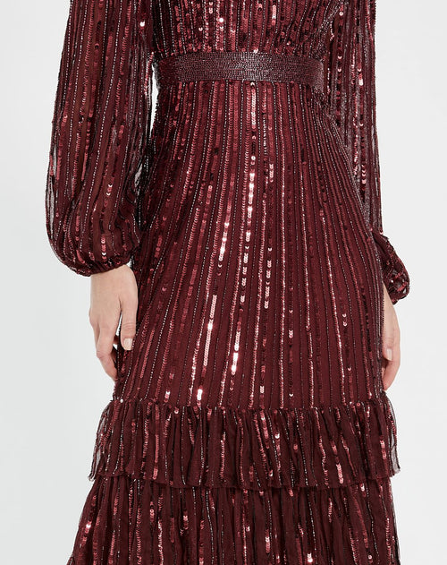 Long Sleeve Ruffle Detail Sequin Dress