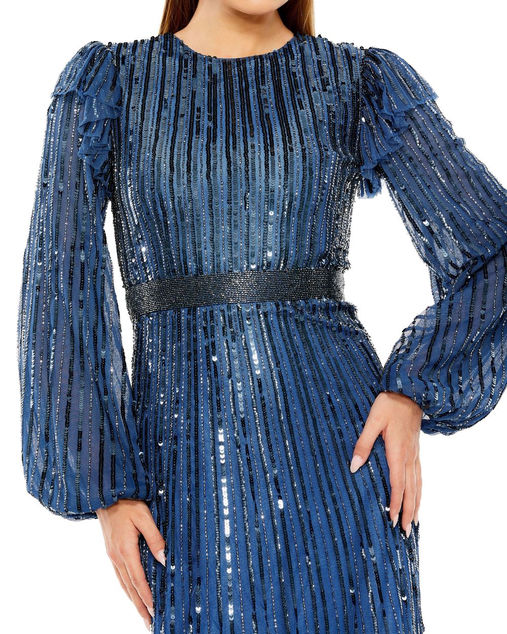 Long Sleeve Ruffle Detail Sequin Dress