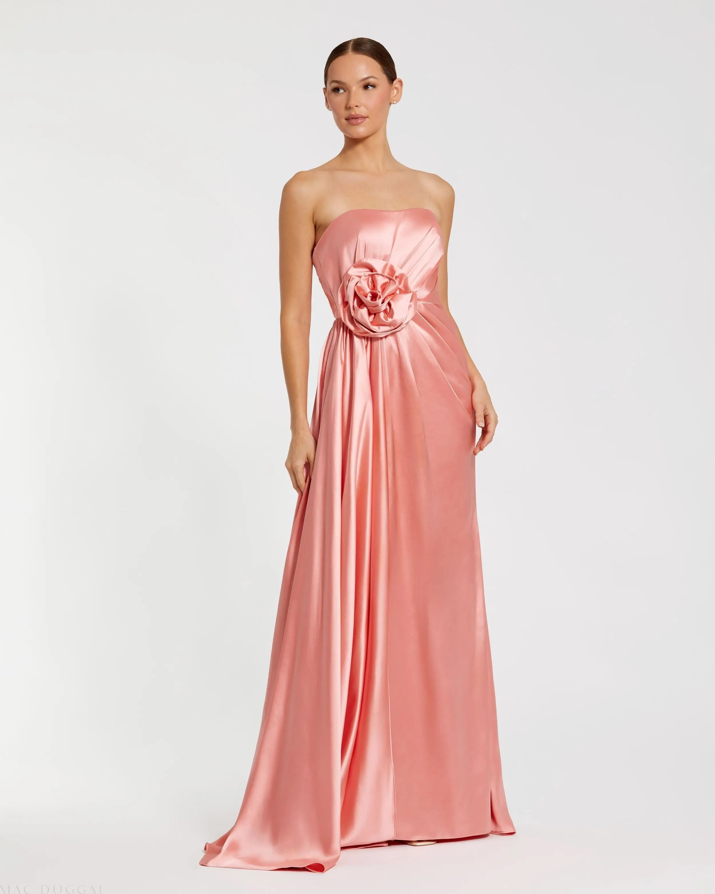 Pink Strapless Satin Gown With 3D Flower Mac Duggal