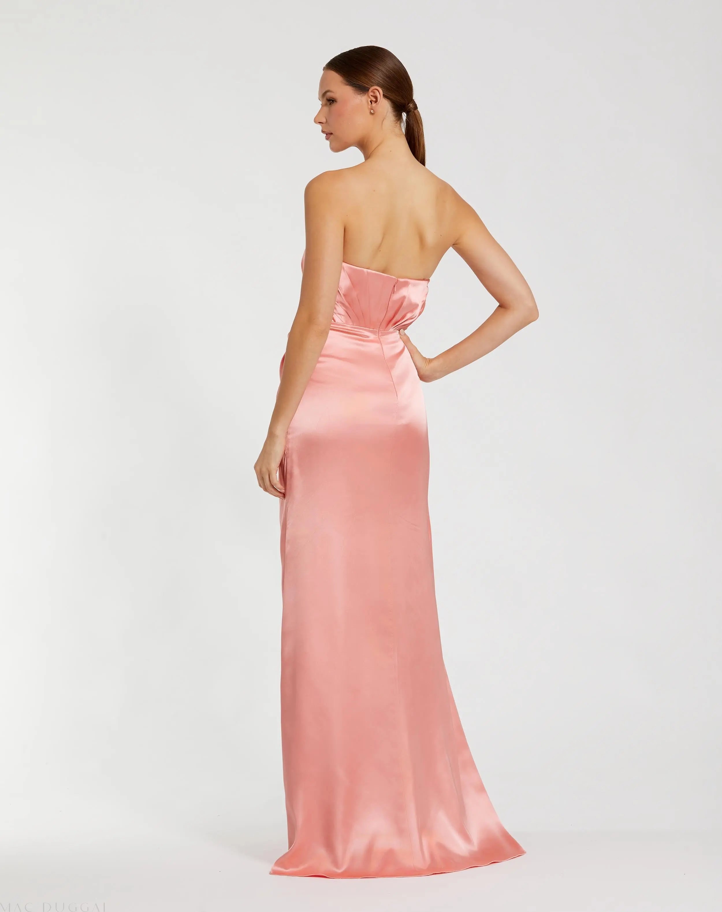 Pink Strapless Satin Gown With 3D Flower - Mac Duggal