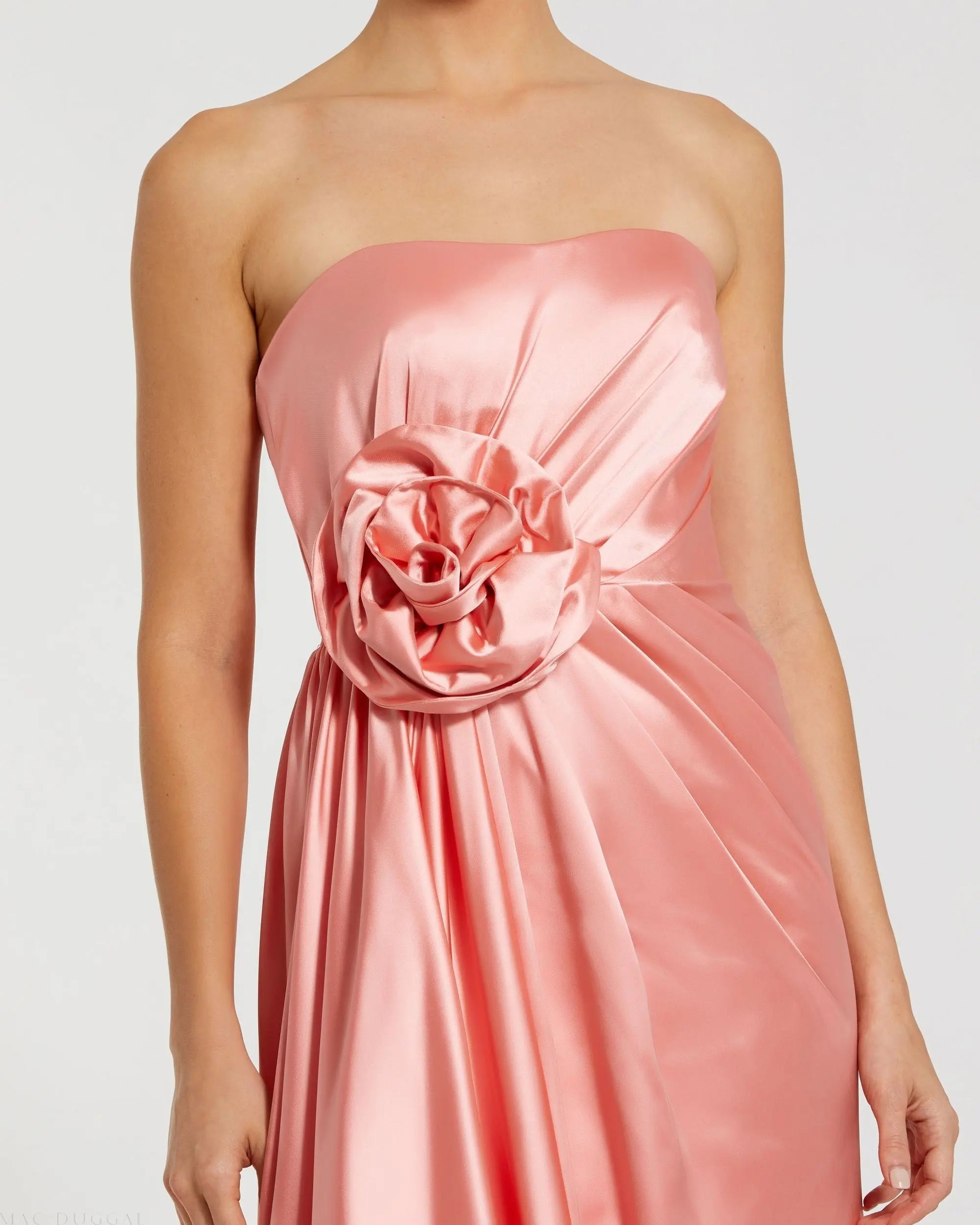 Pink Strapless Satin Gown With 3D Flower Mac Duggal