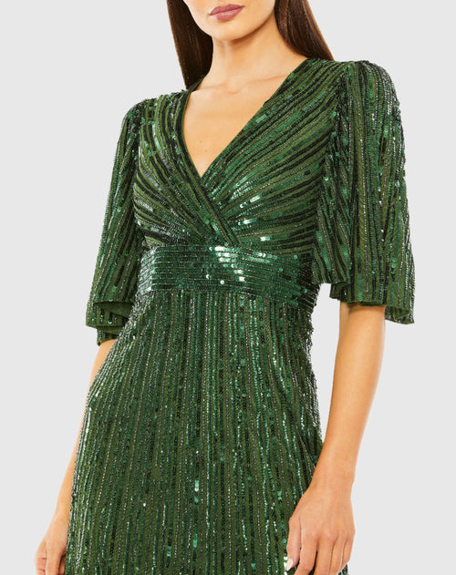 Flutter Sleeve Deep V Ruffle Hem Sequin Gown