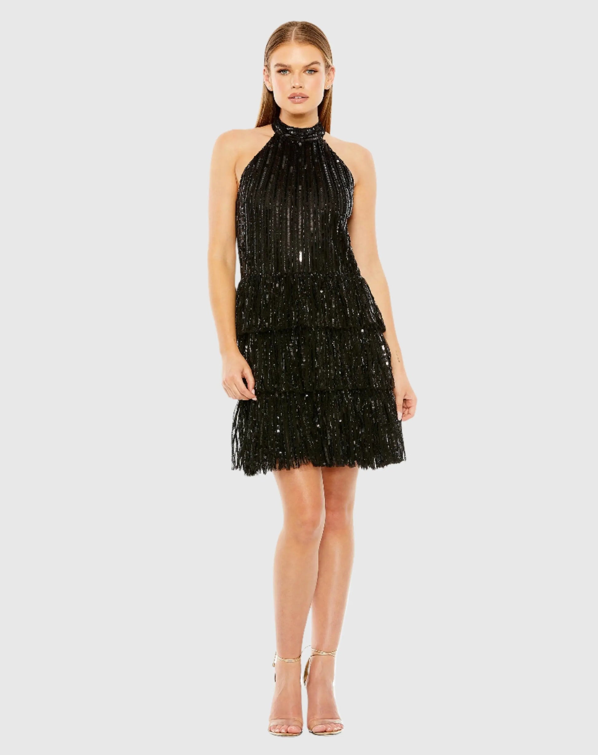 Black High Neck A-Line Ruffle Sequin Mini Dress - Mac Duggal Black High Neck A-Line Ruffle Sequin Mini Dress - Mac Duggal