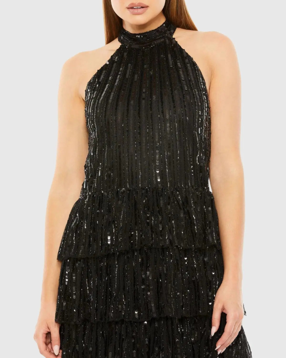 Black High Neck A-Line Ruffle Sequin Mini Dress - Mac Duggal