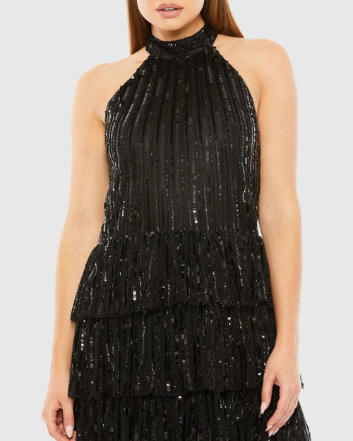 High Neck A-Line Ruffle Sequin Mini Dress