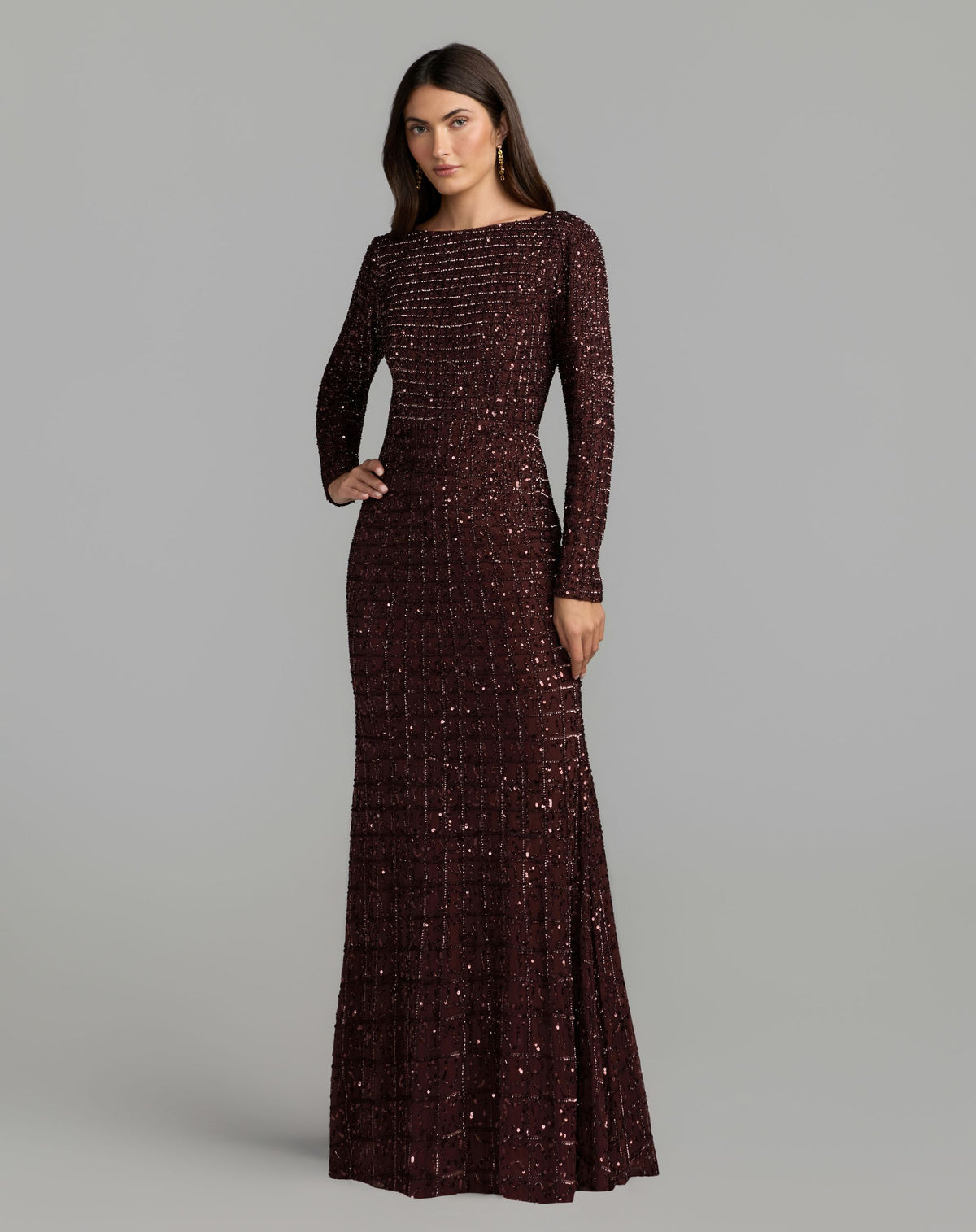 Chocolate Long Sleeve Embellished Boat Neck Gown - Mac Duggal