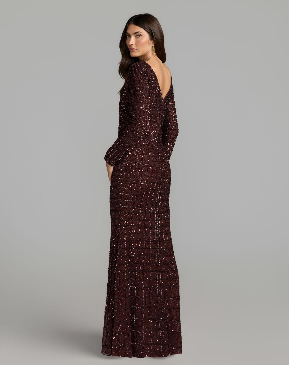 Chocolate Long Sleeve Embellished Boat Neck Gown - Mac Duggal