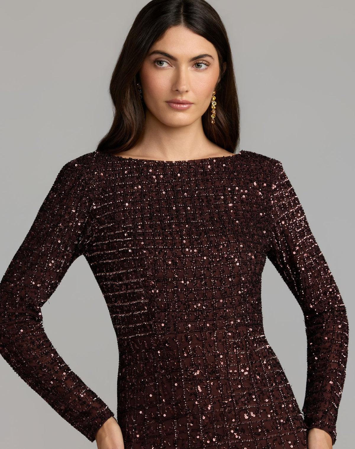 Chocolate Long Sleeve Embellished Boat Neck Gown - Mac Duggal