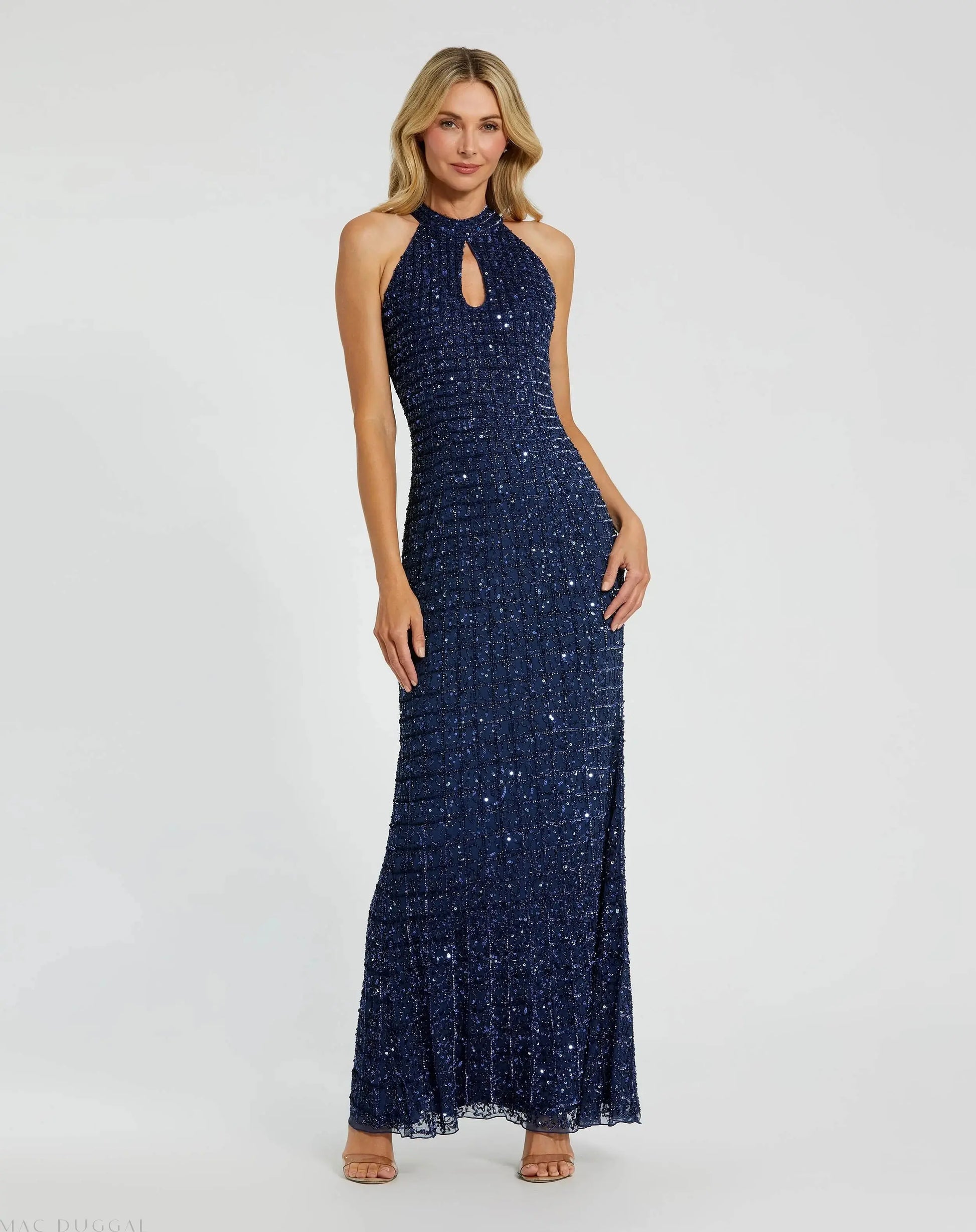 Mac Duggal - Navy Embellished Halter Neck Keyhole Gown - US 12 Mac Duggal - Navy Embellished Halter Neck Keyhole Gown - US 12