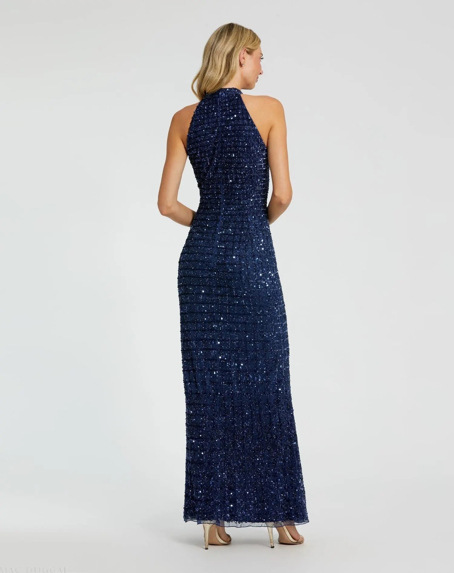 Mac Duggal - Navy Embellished Halter Neck Keyhole Gown - US 12 Mac Duggal - Navy Embellished Halter Neck Keyhole Gown - US 12