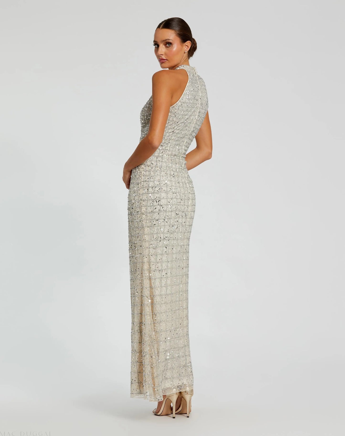 Silver Embellished Halter Neck Keyhole Gown - Mac Duggal Silver Embellished Halter Neck Keyhole Gown - Mac Duggal