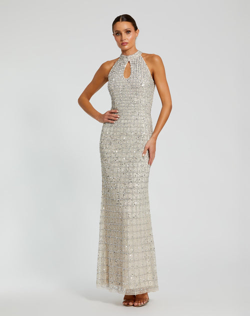 Embellished Halter Neck Keyhole Gown