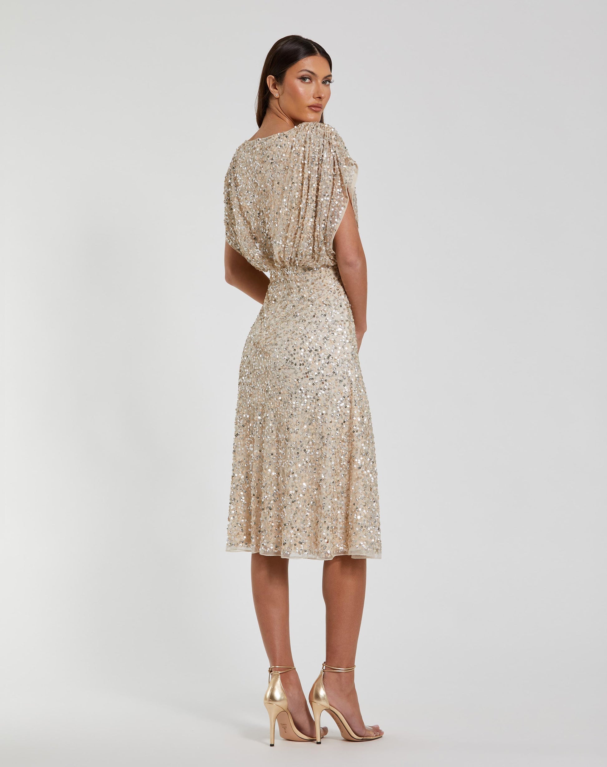 Beige Sequin Draped Sleeve V-Neck Midi Dress - Mac Duggal