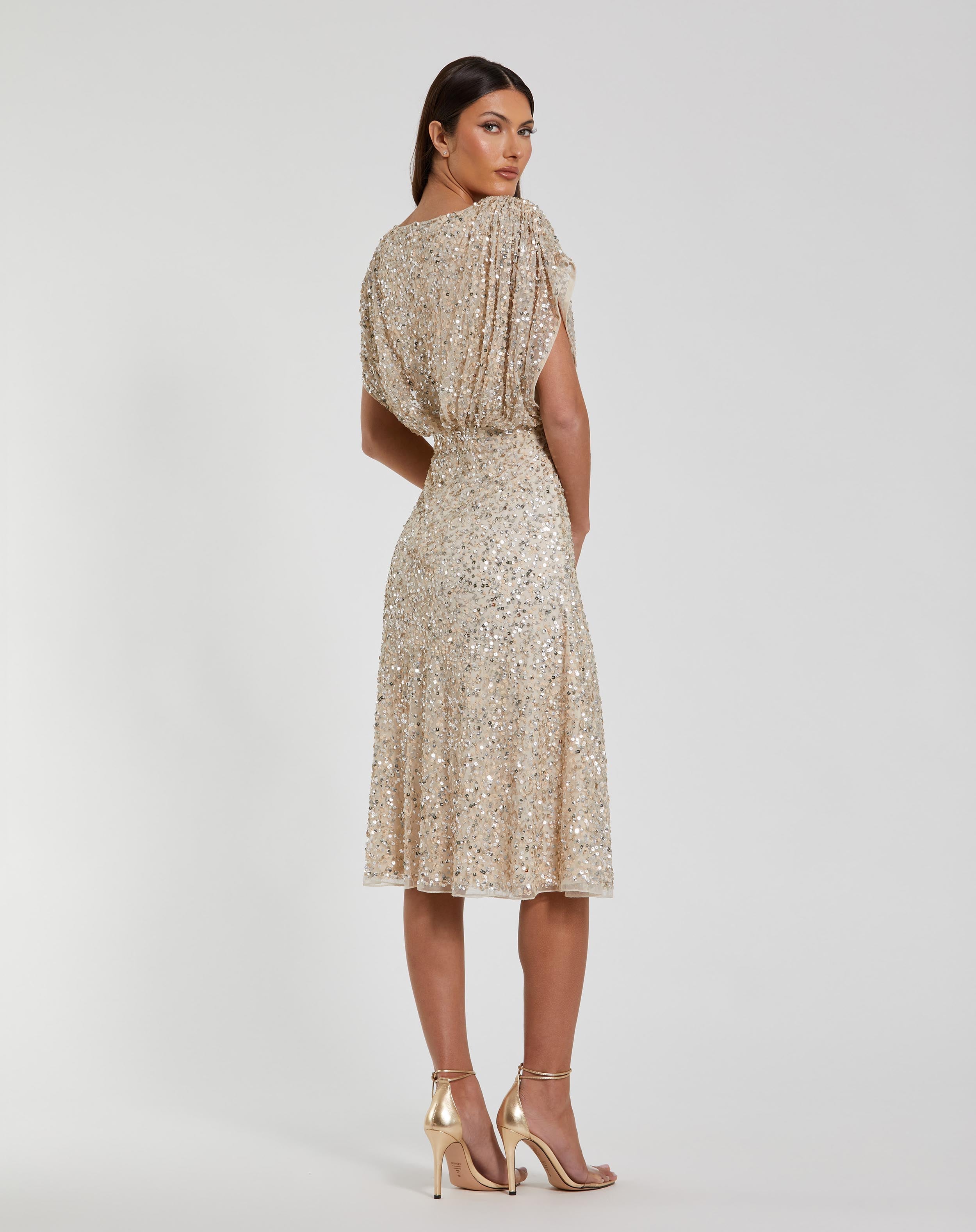 Beige Sequin Draped Sleeve V-Neck Midi Dress - Mac Duggal