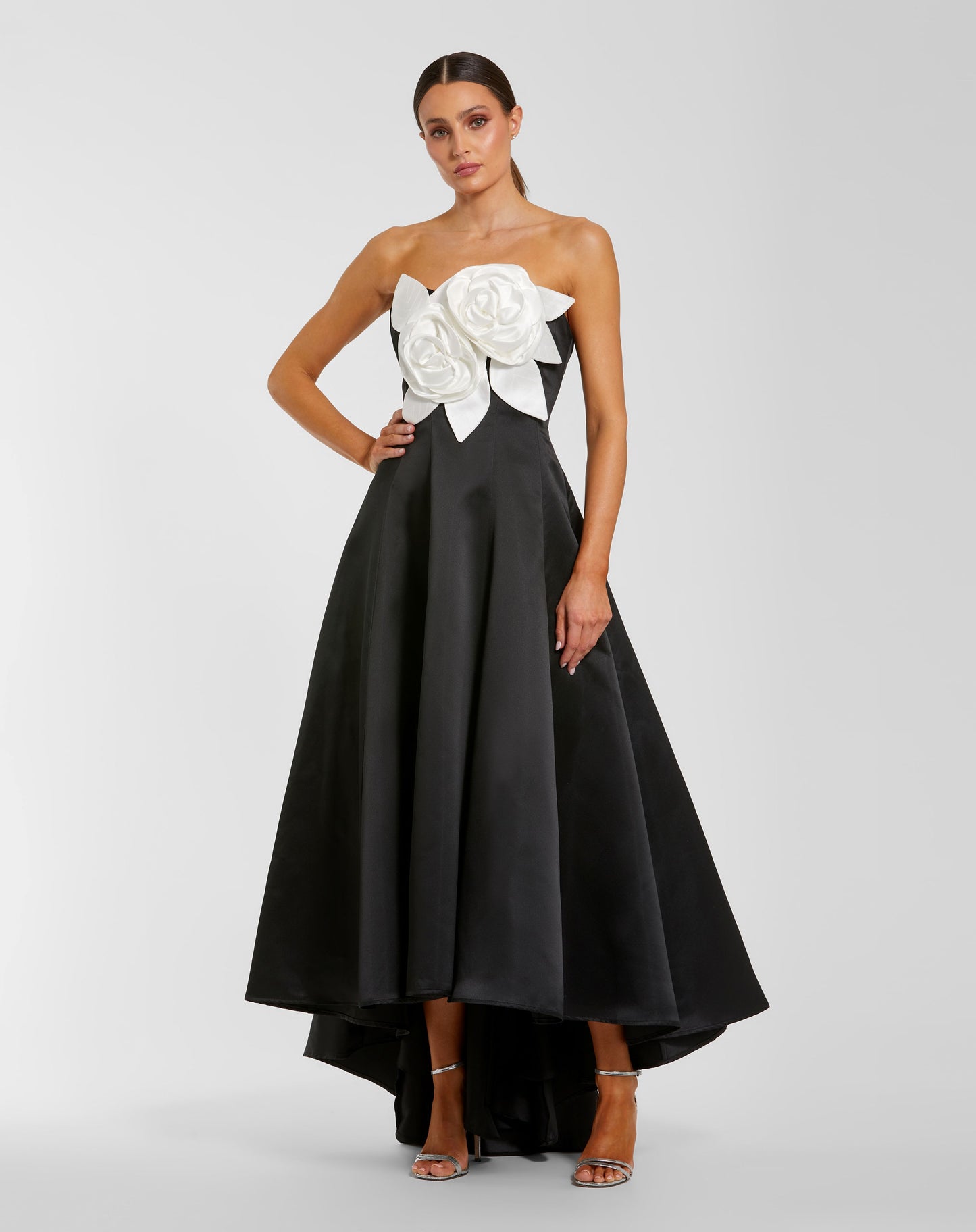 Black Strapless Satin High Low Gown With 3D Flowers Ieena for Mac Duggal
