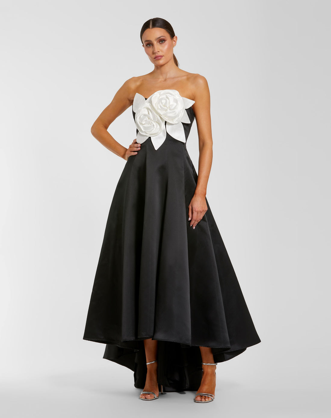 Black Strapless Satin High Low Gown With 3D Flowers Ieena for Mac Duggal