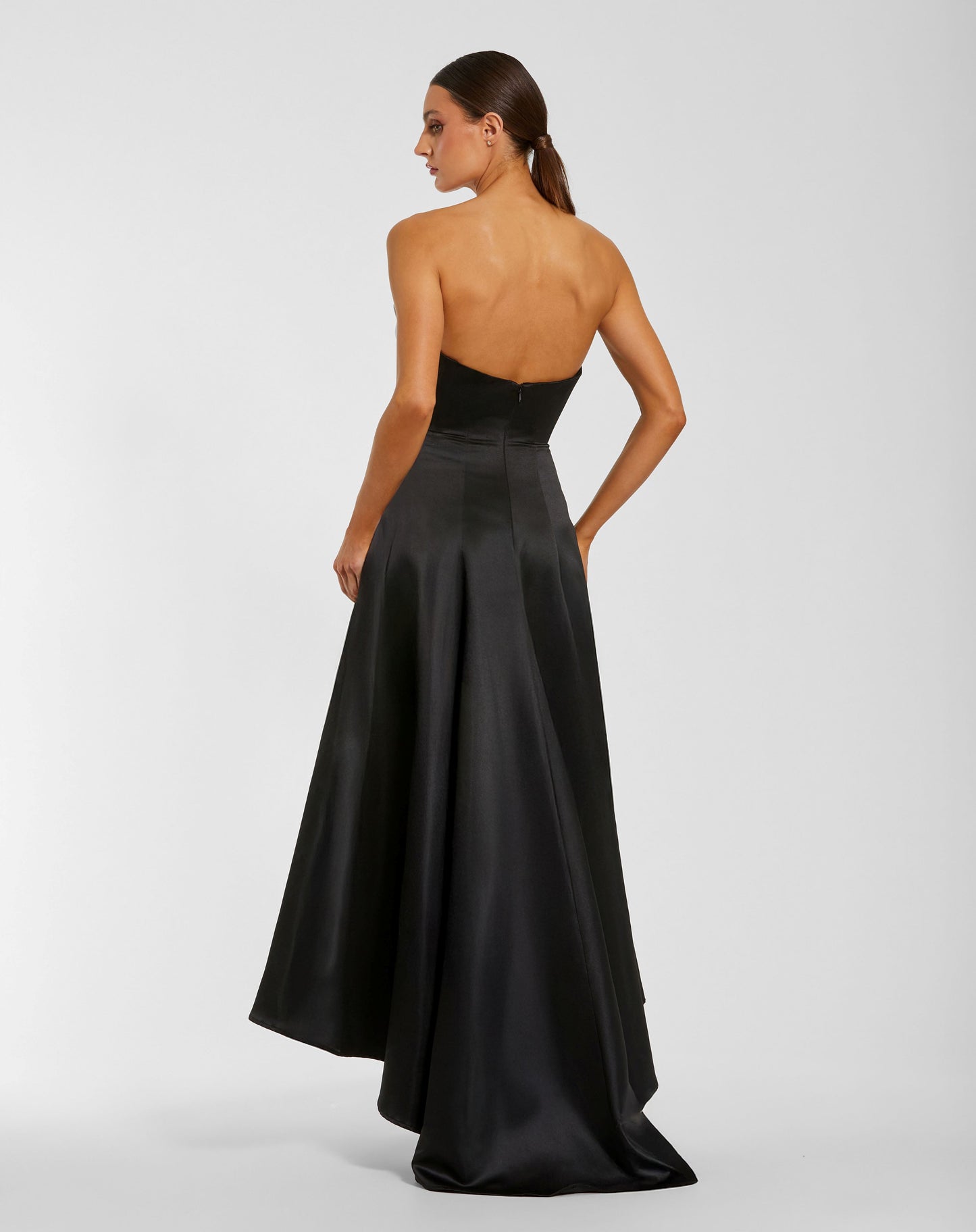 Black Strapless Satin High Low Gown With 3D Flowers Ieena for Mac Duggal