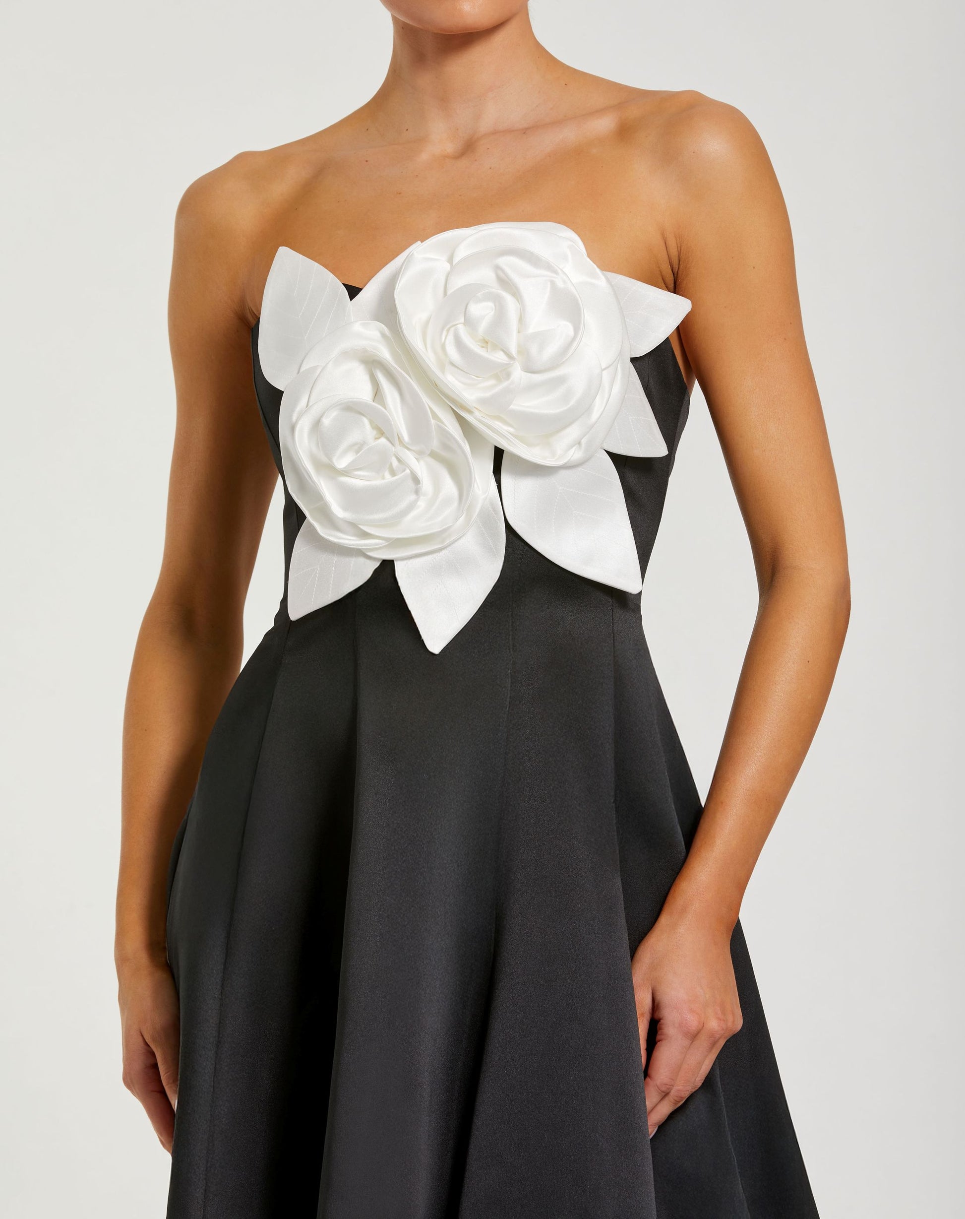 Black Strapless Satin High Low Gown With 3D Flowers Ieena for Mac Duggal
