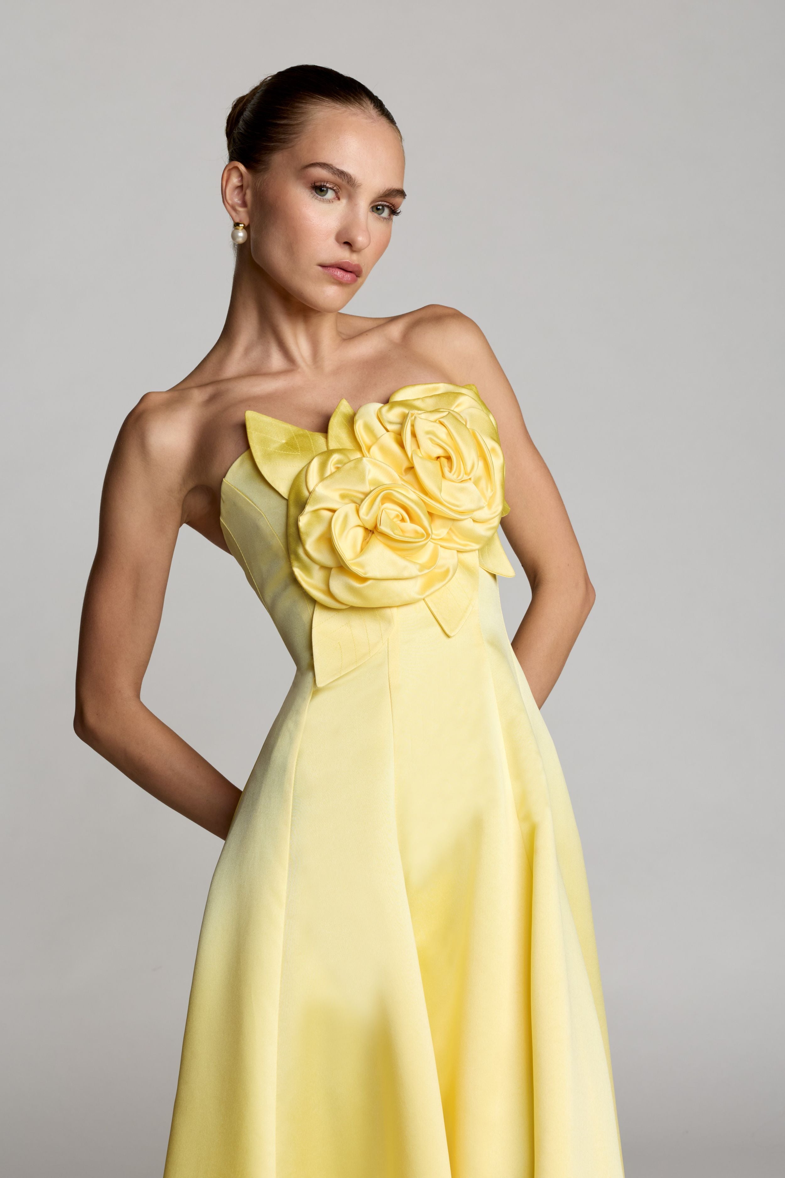 Yellow Strapless Satin High Low Gown With 3D Flowers - Ieena for Mac Duggal