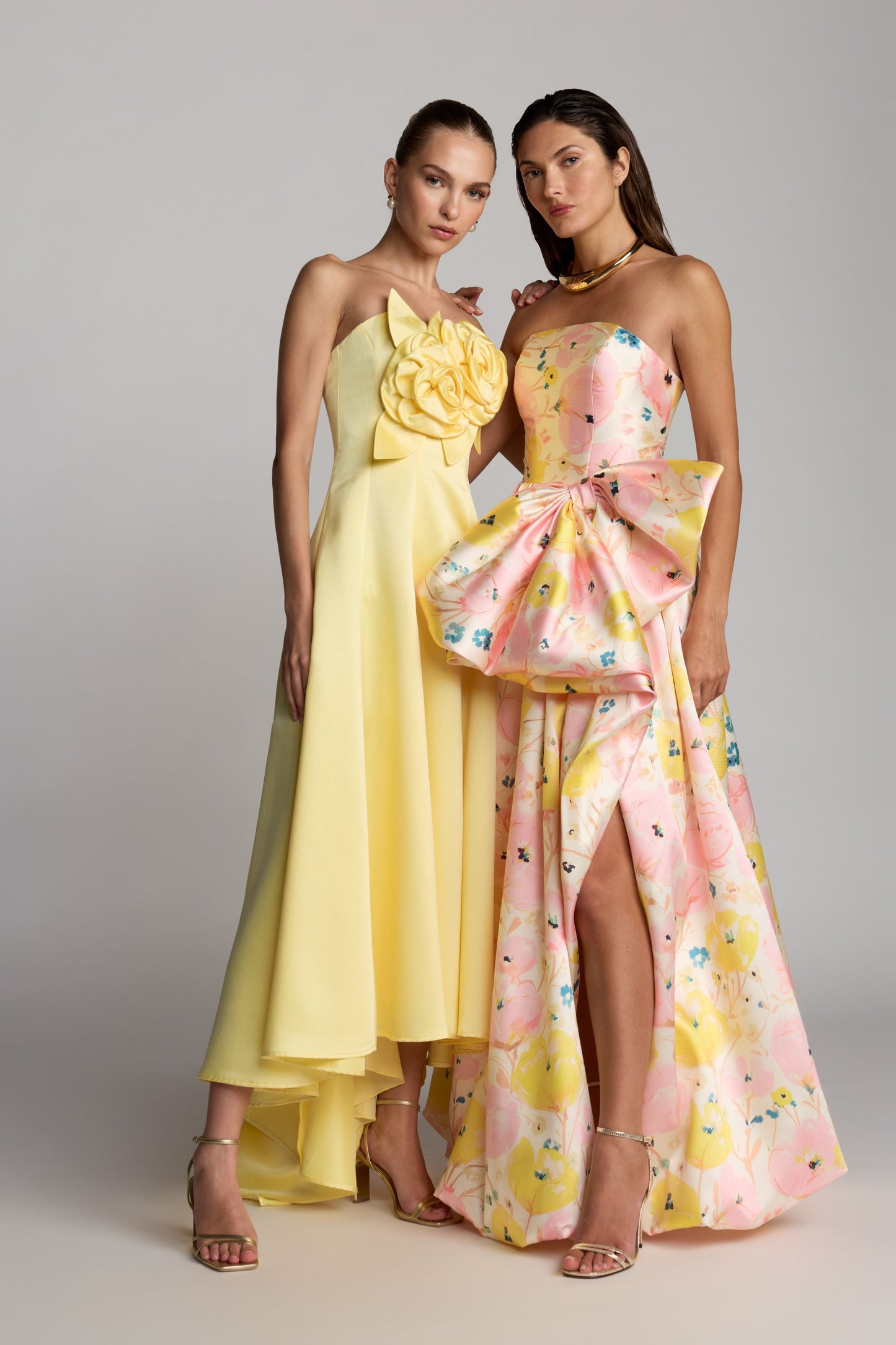 Yellow Strapless Satin High Low Gown With 3D Flowers - Ieena for Mac Duggal