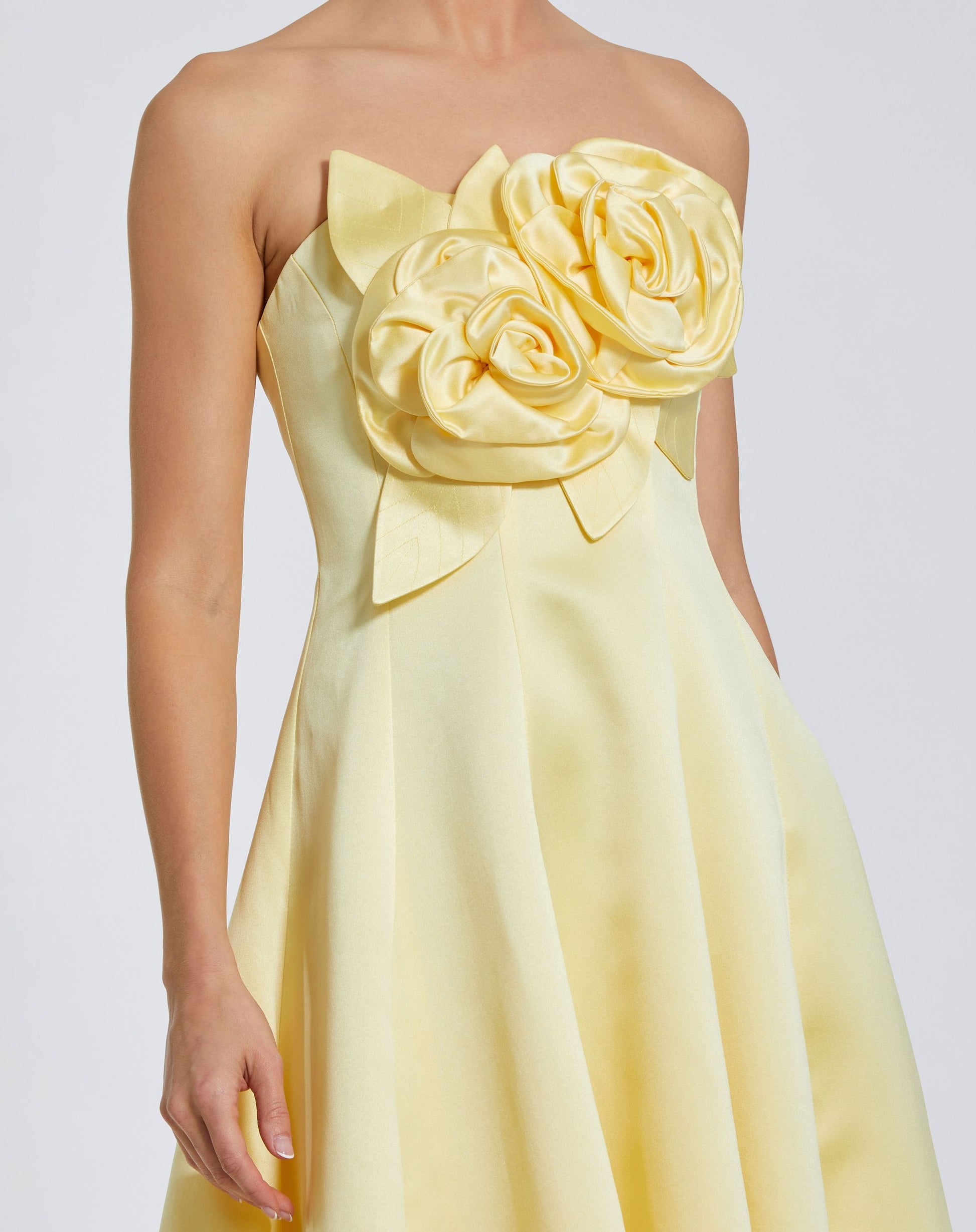 Yellow Strapless Satin High Low Gown With 3D Flowers - Ieena for Mac Duggal