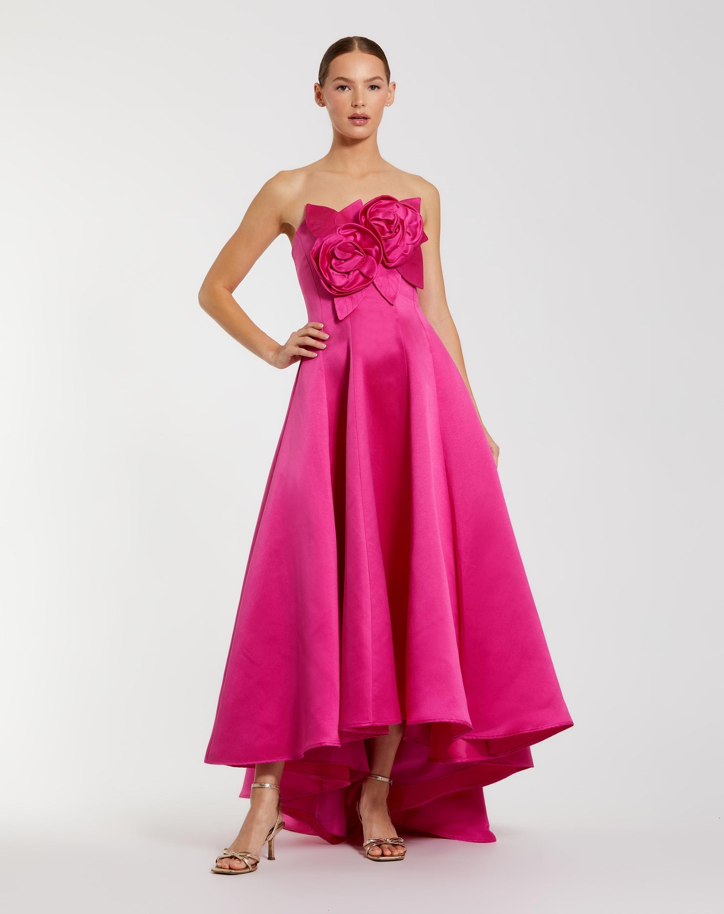 Pink Strapless Satin High Low Gown With 3D Flowers - Ieena for Mac Duggal