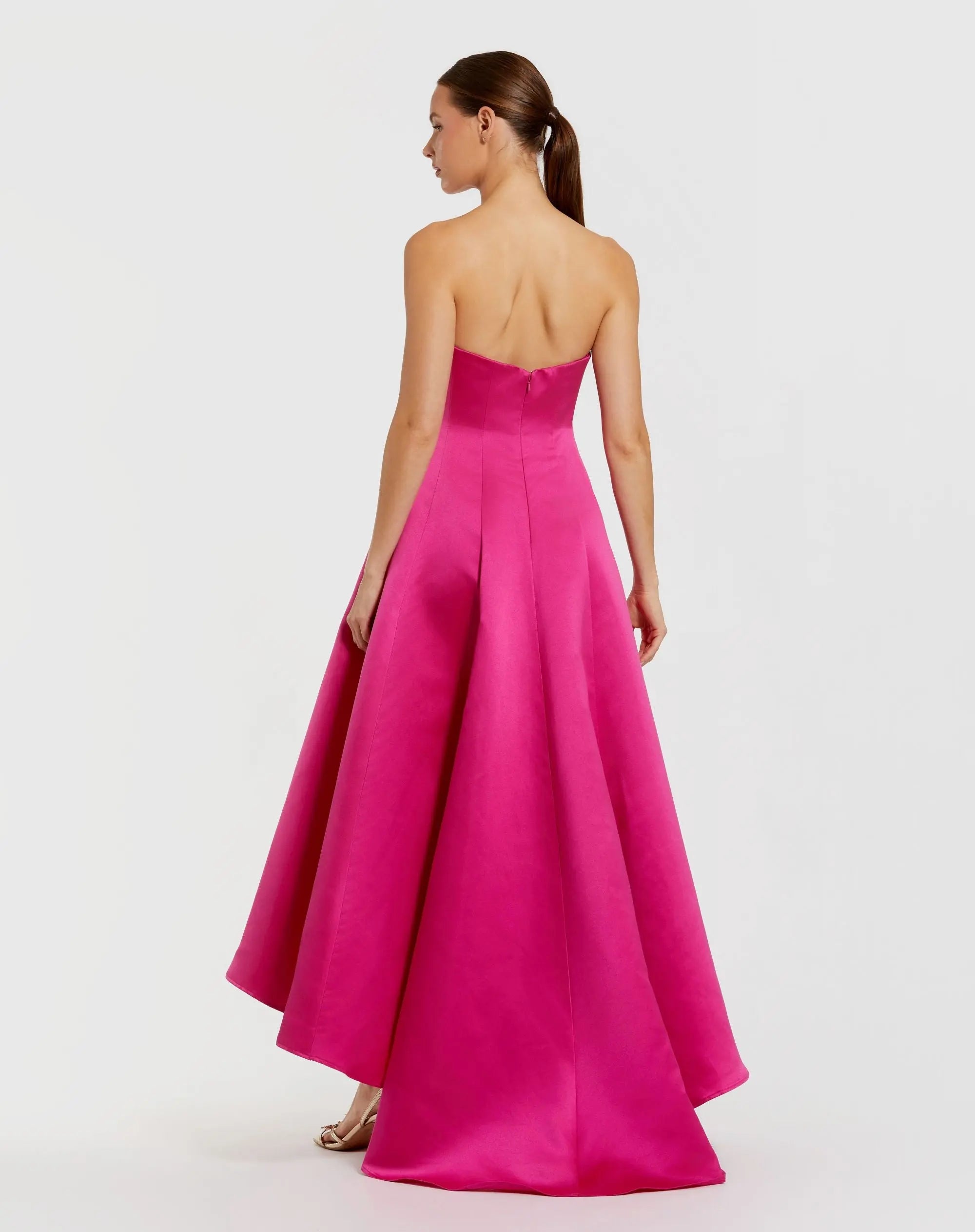 Pink Strapless Satin High Low Gown With 3D Flowers - Ieena for Mac Duggal