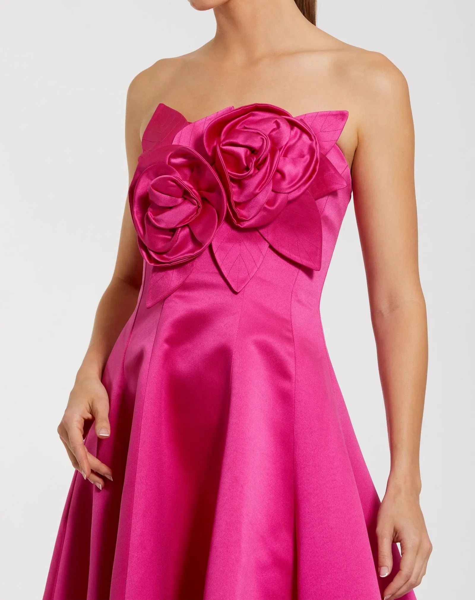 mac duggal hot pink dress Pink Strapless Satin High Low Gown With 3D Flowers