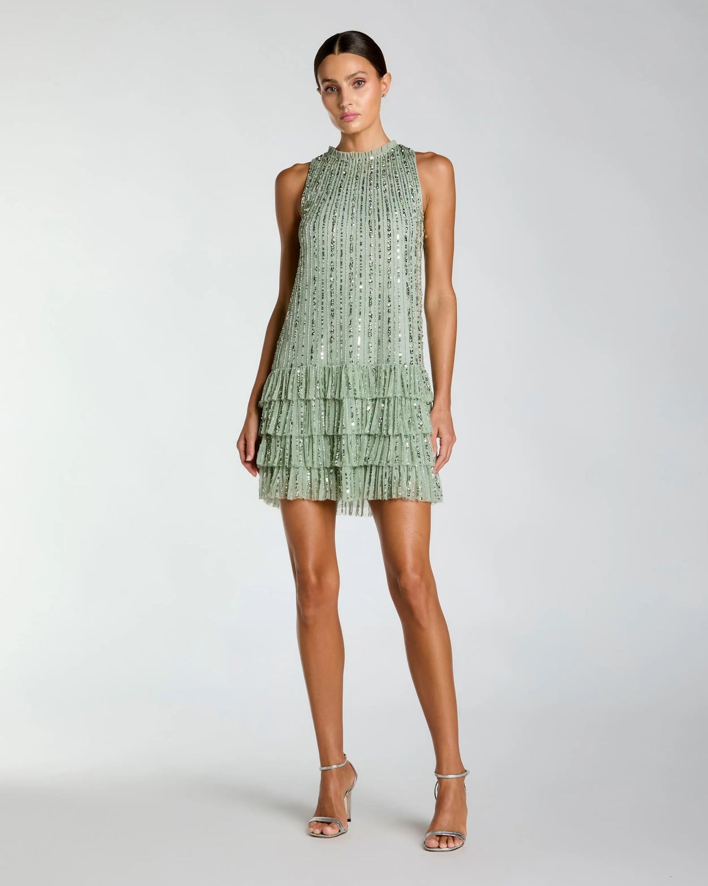 Green Striped Sequin Tiered Ruffle Mini Dress | Mac Duggal Green Striped Sequin Tiered Ruffle Mini Dress | Mac Duggal