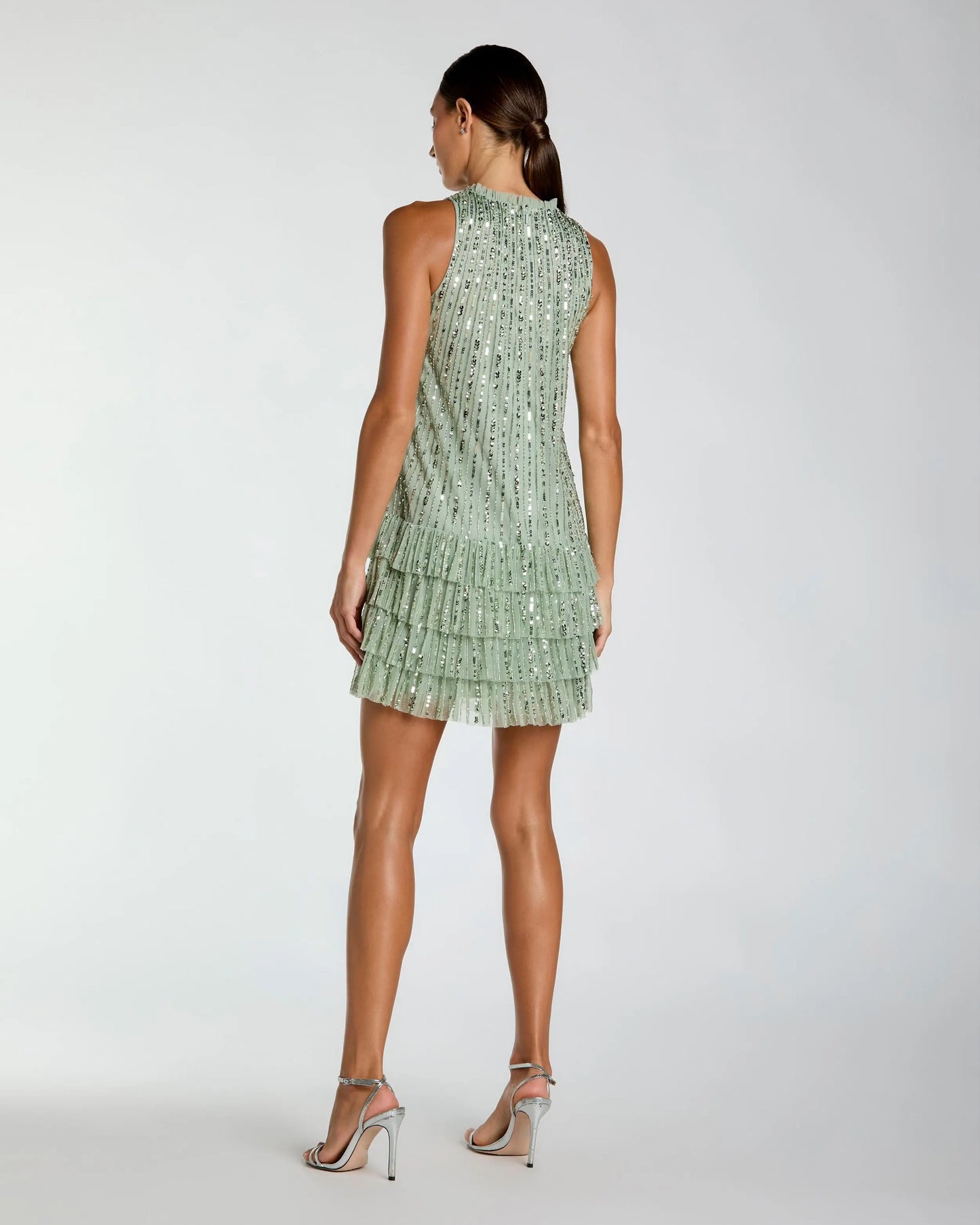 Green Striped Sequin Tiered Ruffle Mini Dress Mac Duggal
