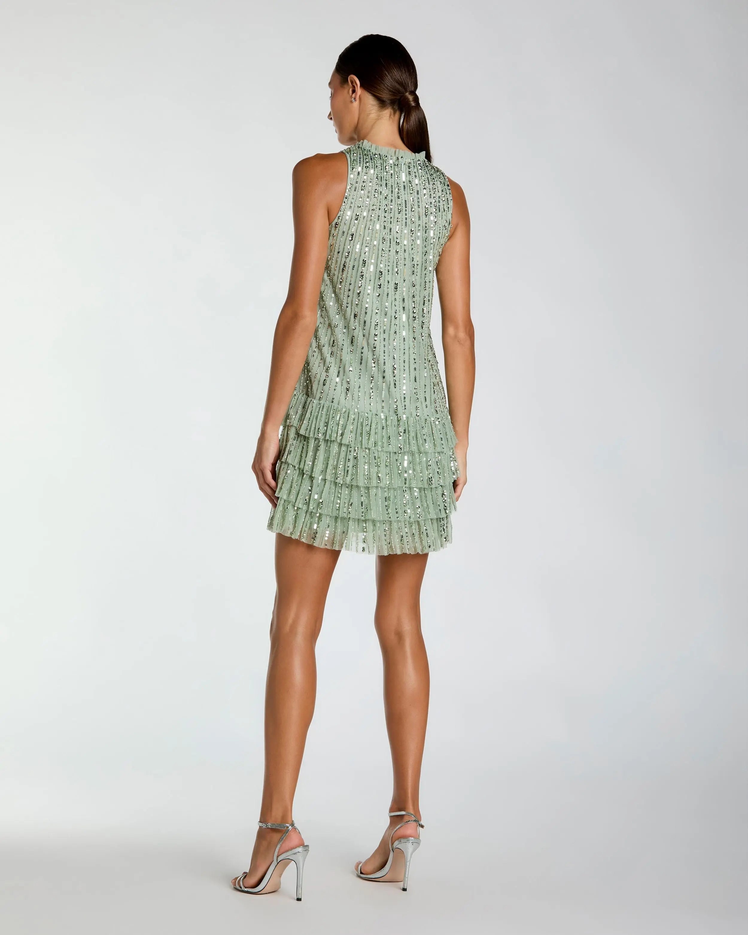 Green Striped Sequin Tiered Ruffle Mini Dress Mac Duggal