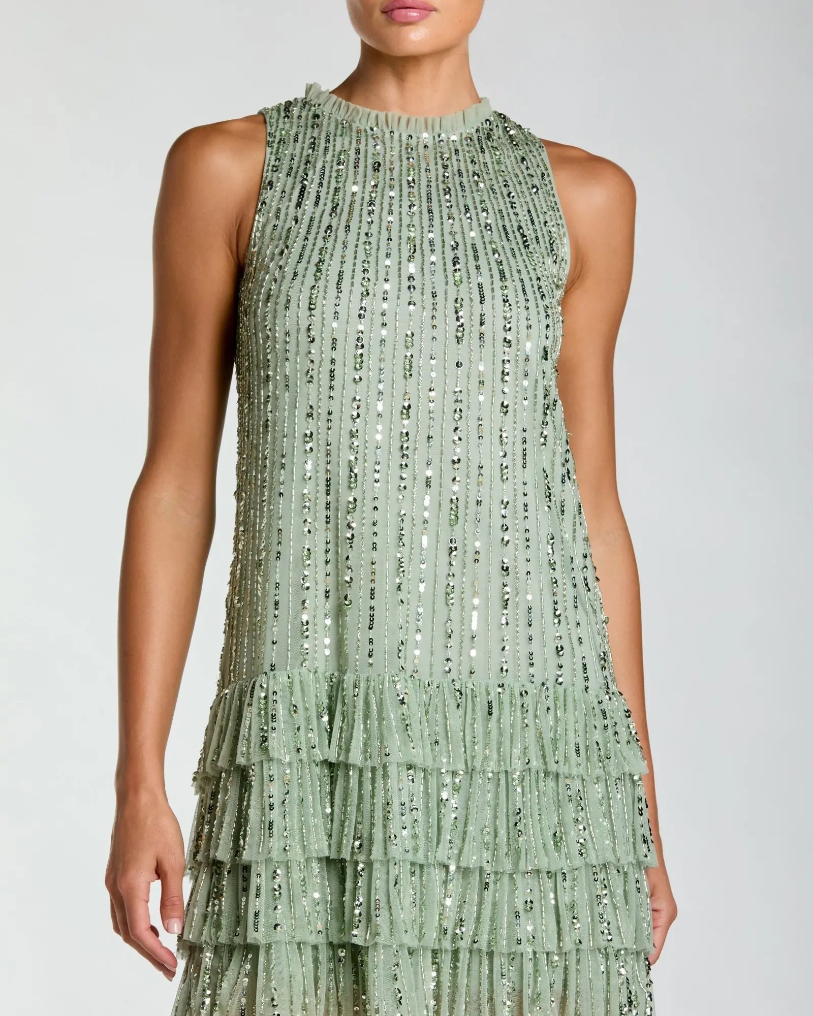 Green Striped Sequin Tiered Ruffle Mini Dress