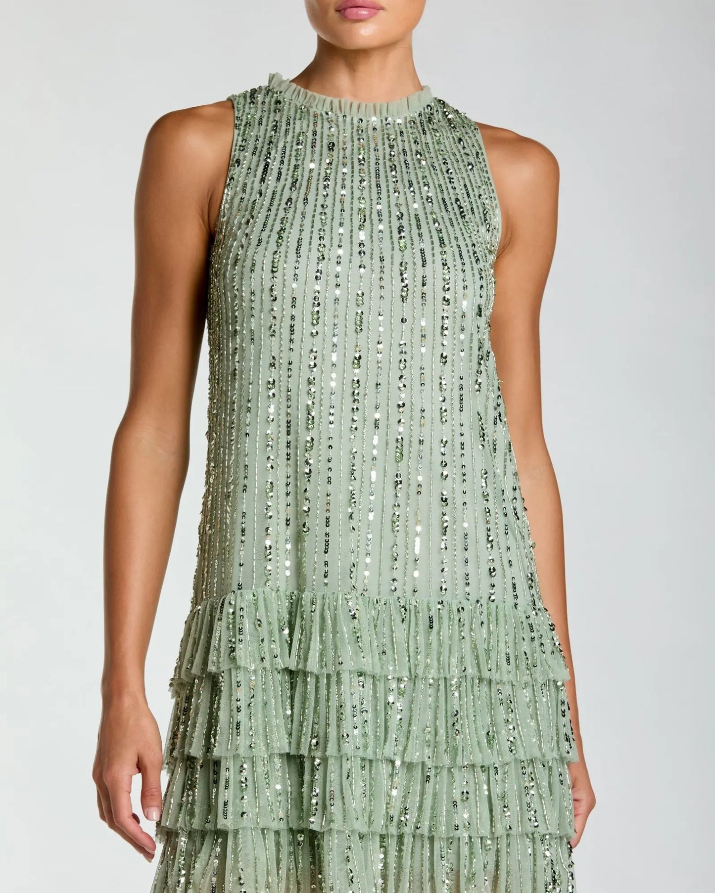 Green Striped Sequin Tiered Ruffle Mini Dress Mac Duggal